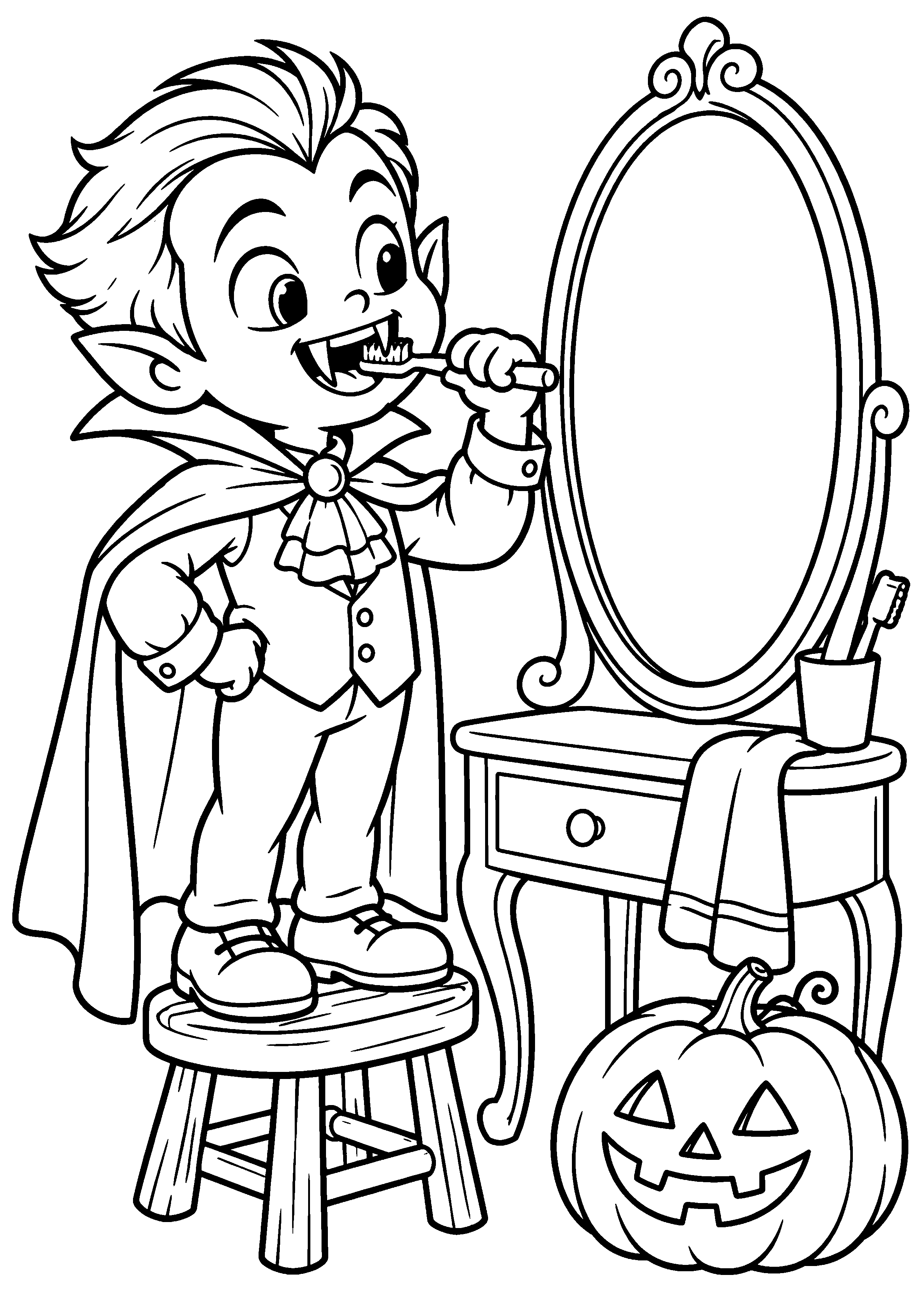 Coloriage en noir et blanc représentant vampire enfant générique se brossant les crocs devant un miroir vide, en grand format A4