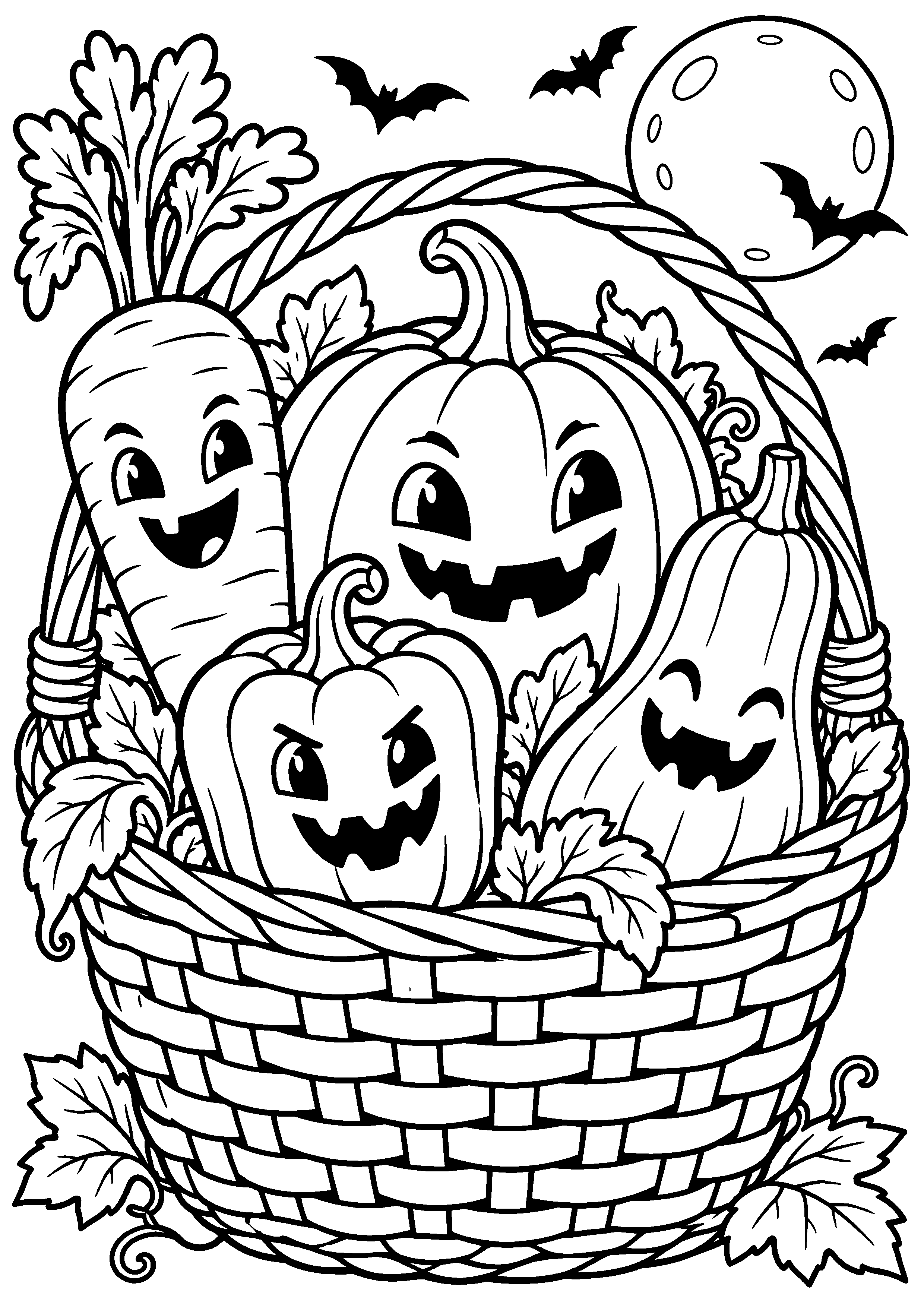 Coloriage en noir et blanc représentant groupe de légumes monstrueux souriants dans un panier, en grand format A4