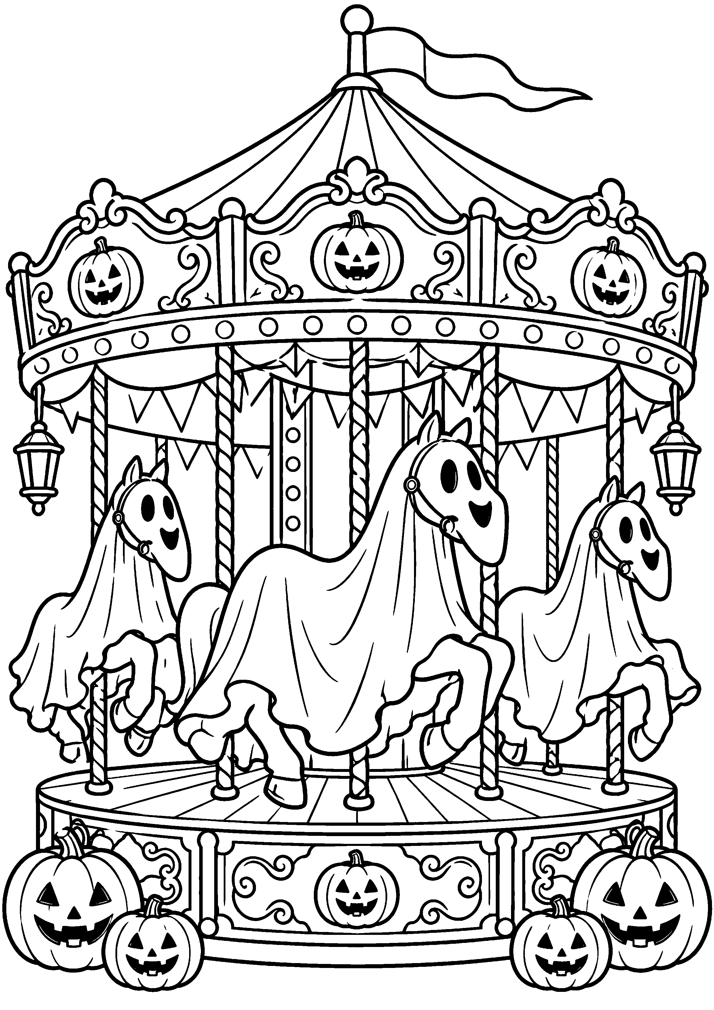 Coloriage en noir et blanc représentant manège d'Halloween avec chevaux fantômes génériques, en grand format A4