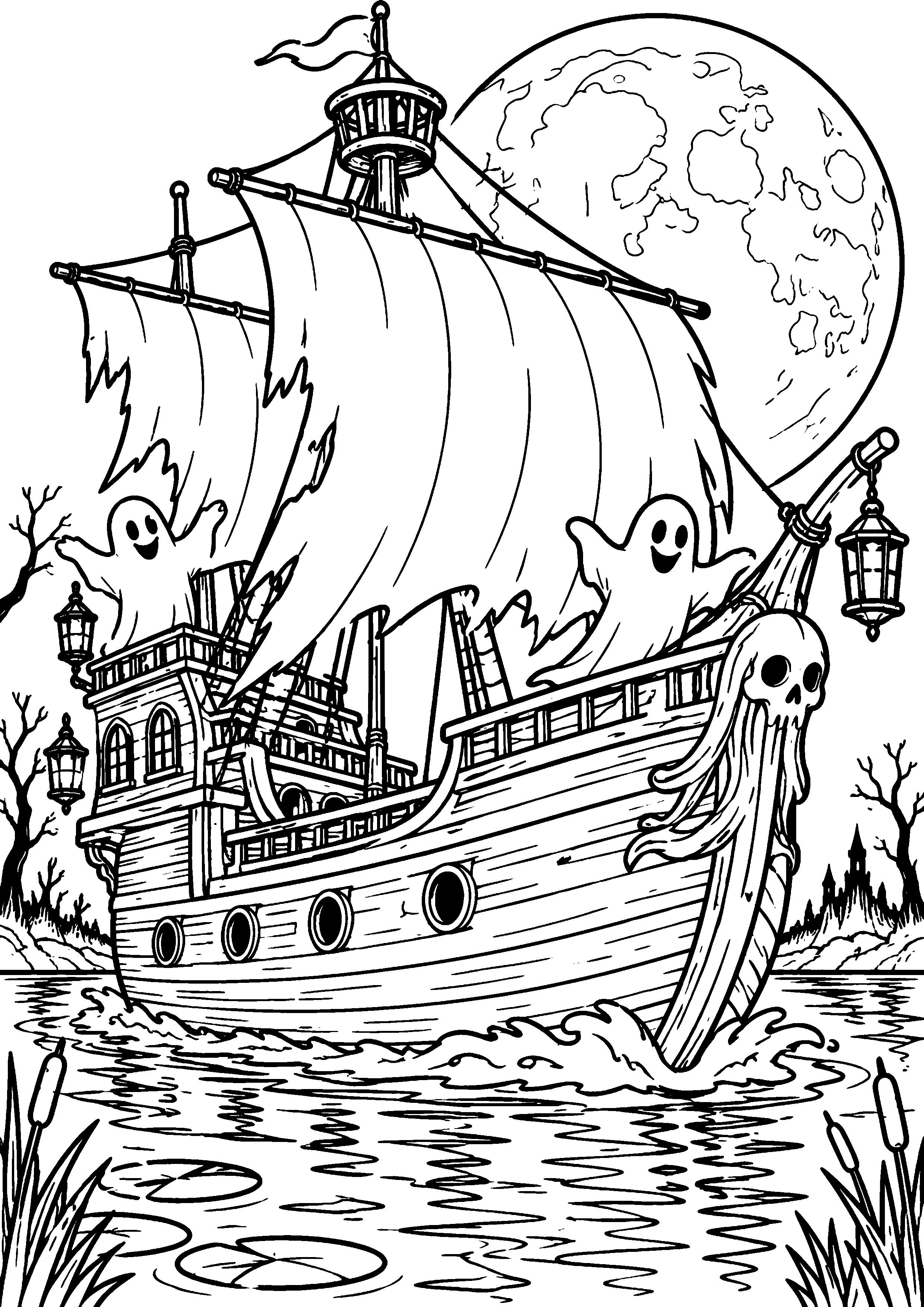 Coloriage en noir et blanc représentant bateau fantôme voguant sur une mare avec lune, en grand format A4