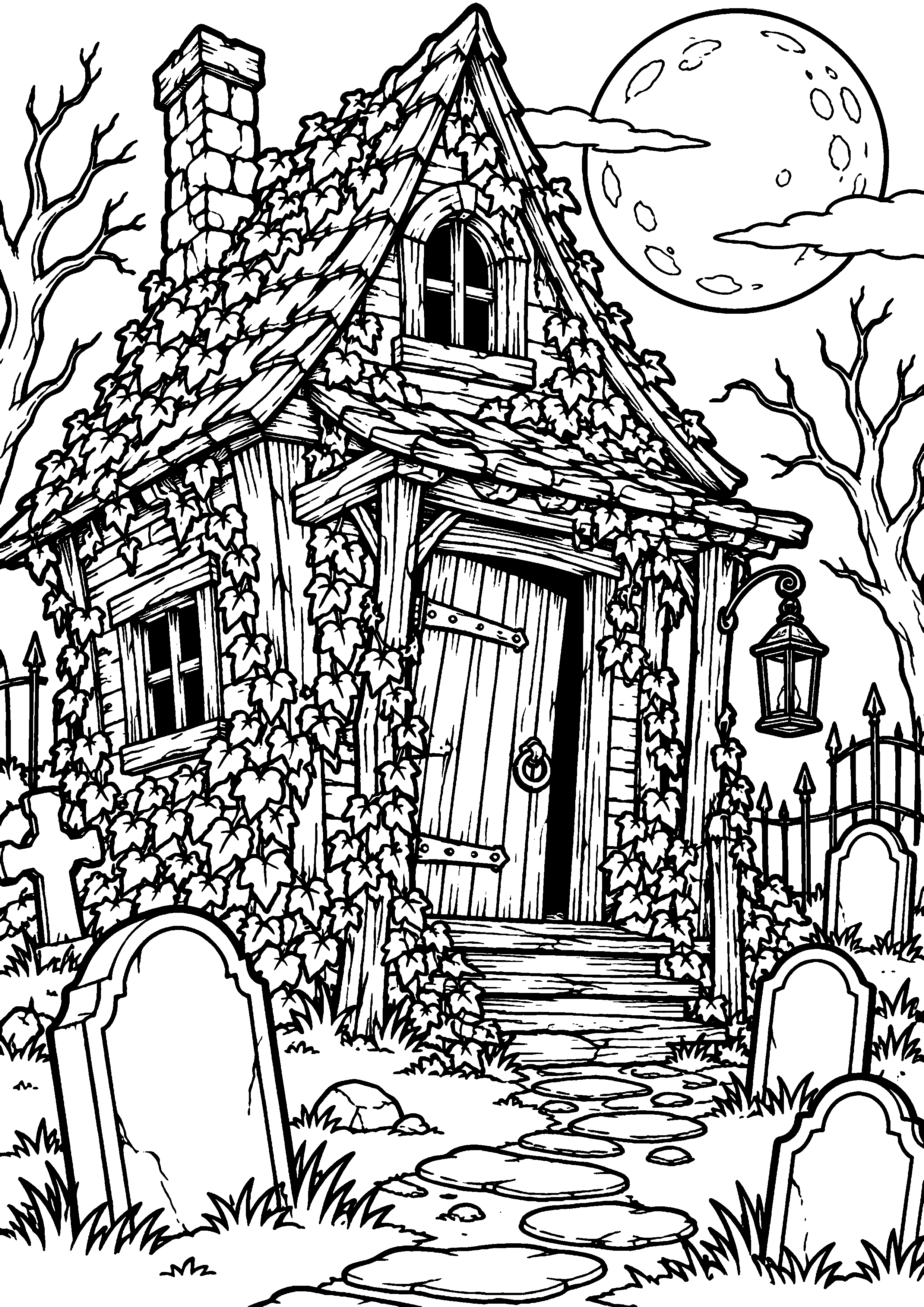 Coloriage en noir et blanc représentant cabane de gardien de cimetière envahie de lierre, en grand format A4