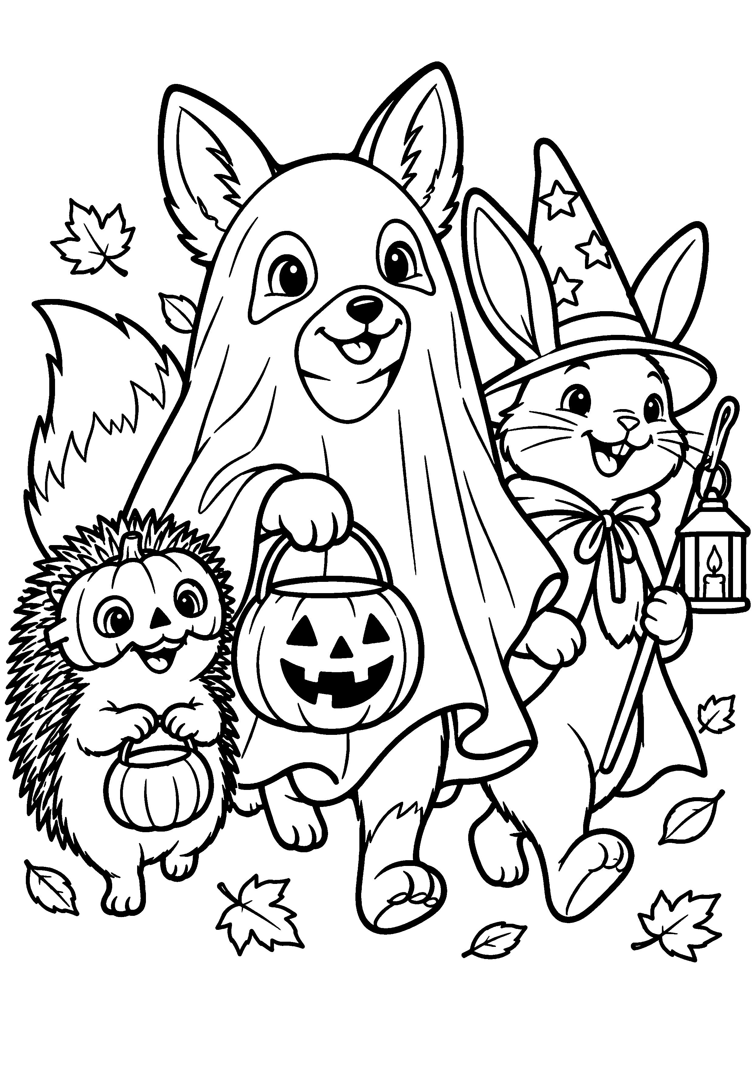 Coloriage en noir et blanc représentant parade d'animaux forestiers en costumes génériques, en grand format A4