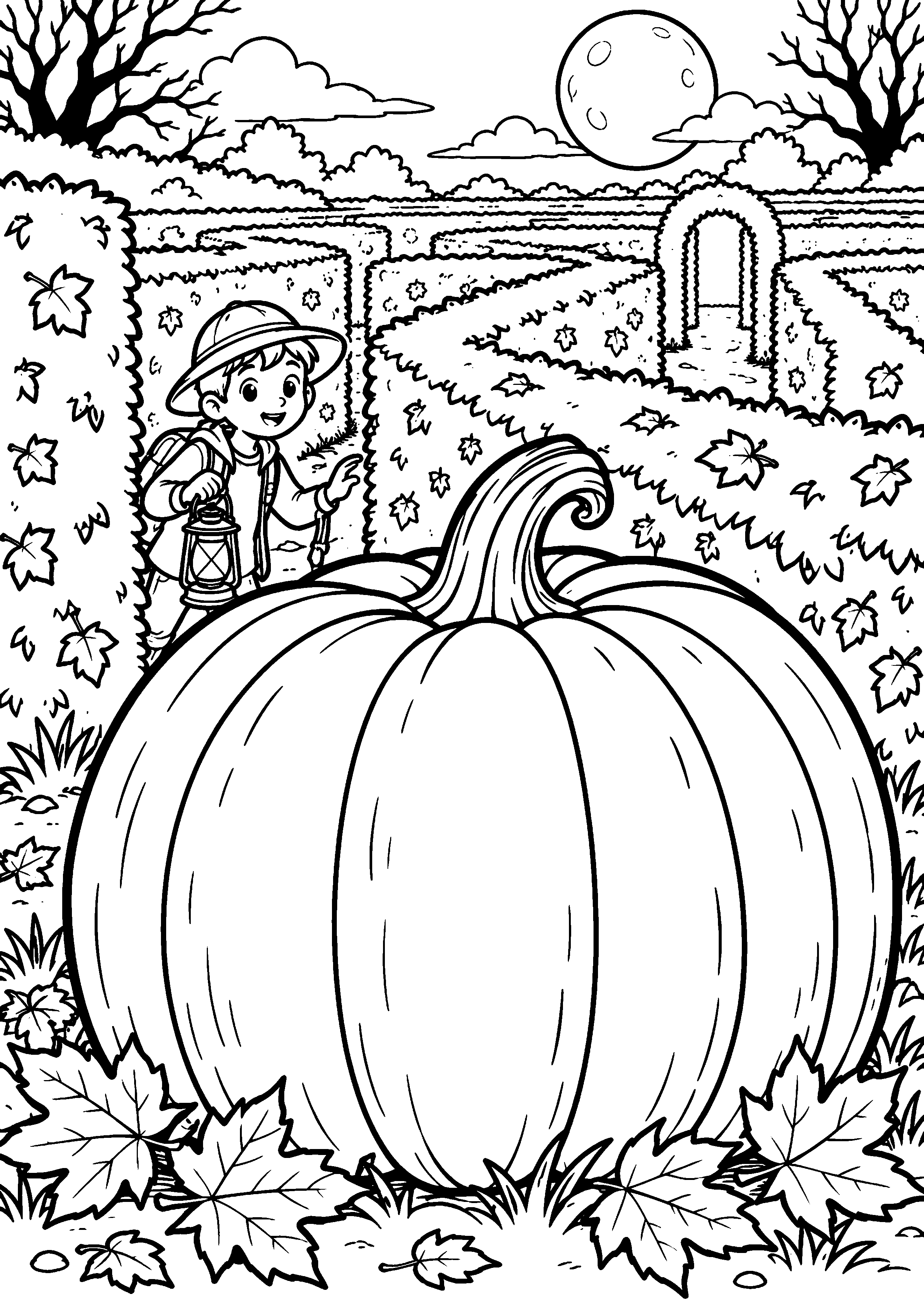 Coloriage en noir et blanc représentant labyrinthe de haies avec grande citrouille au premier plan, en grand format A4