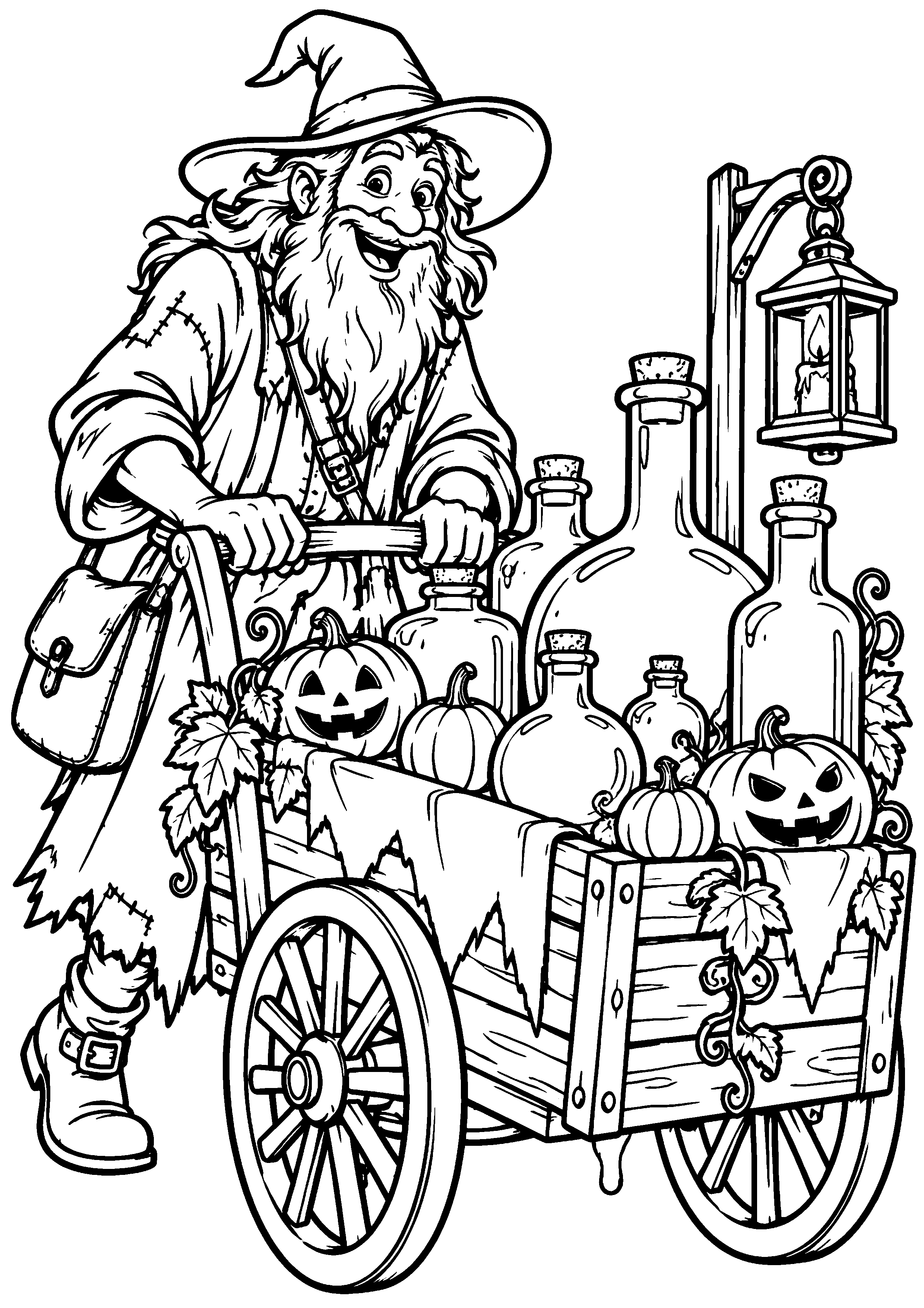Coloriage en noir et blanc représentant marchand ambulant de potions aux flacons sans étiquette, en grand format A4