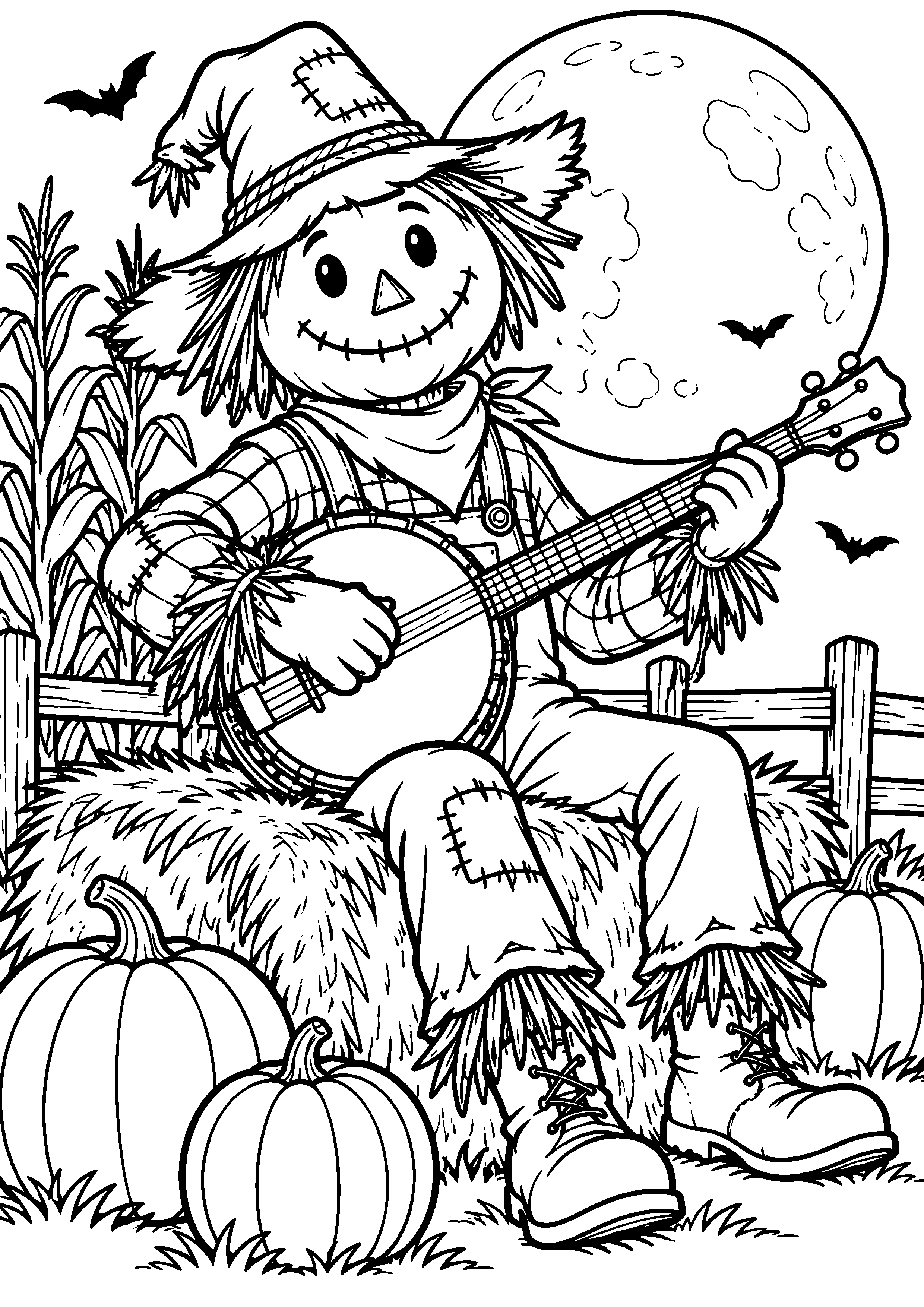 Coloriage en noir et blanc représentant épouvantail musicien jouant du banjo sous la lune, en grand format A4
