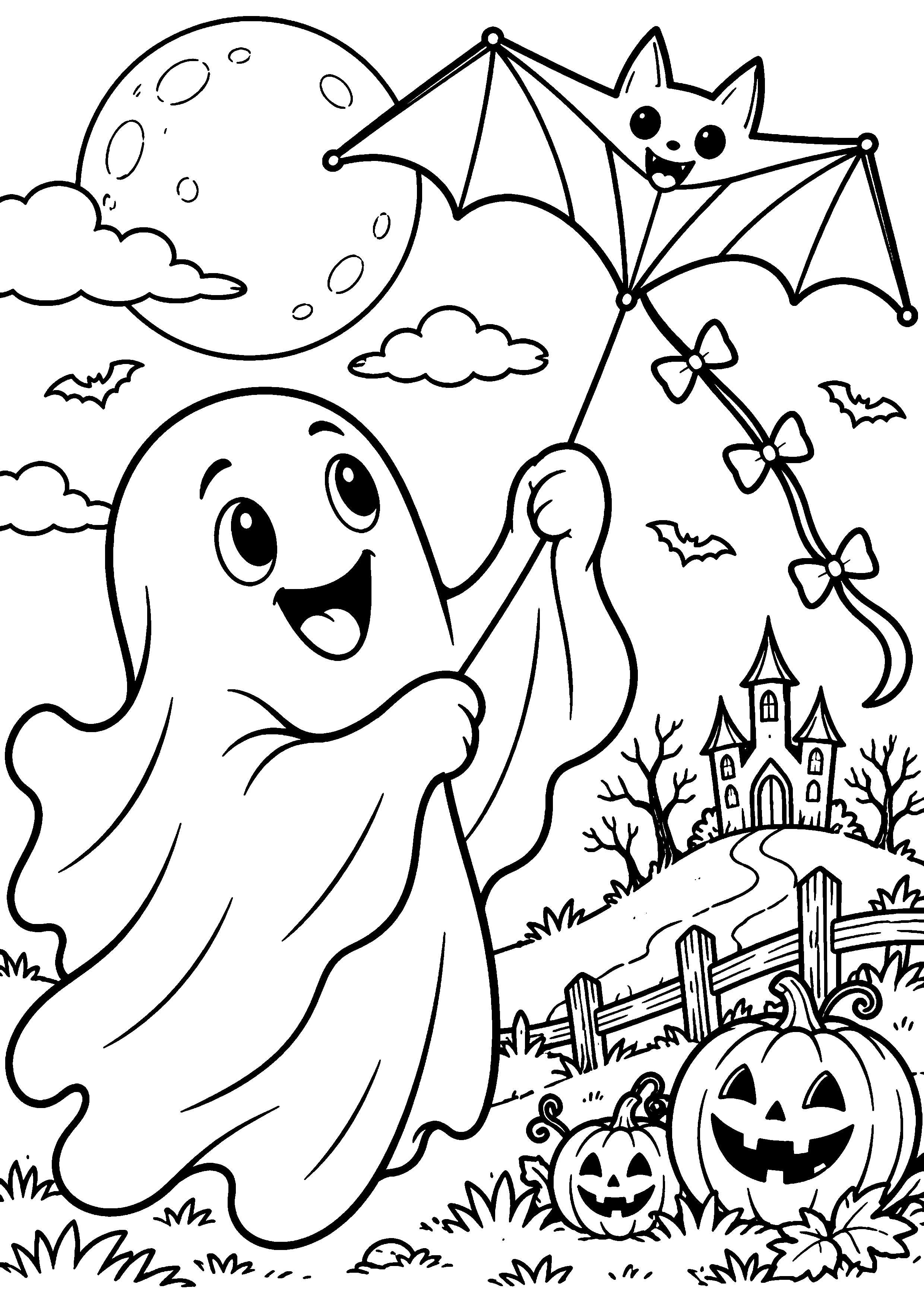 Coloriage en noir et blanc représentant fantôme faisant voler un cerf-volant en forme de chauve-souris, en grand format A4
