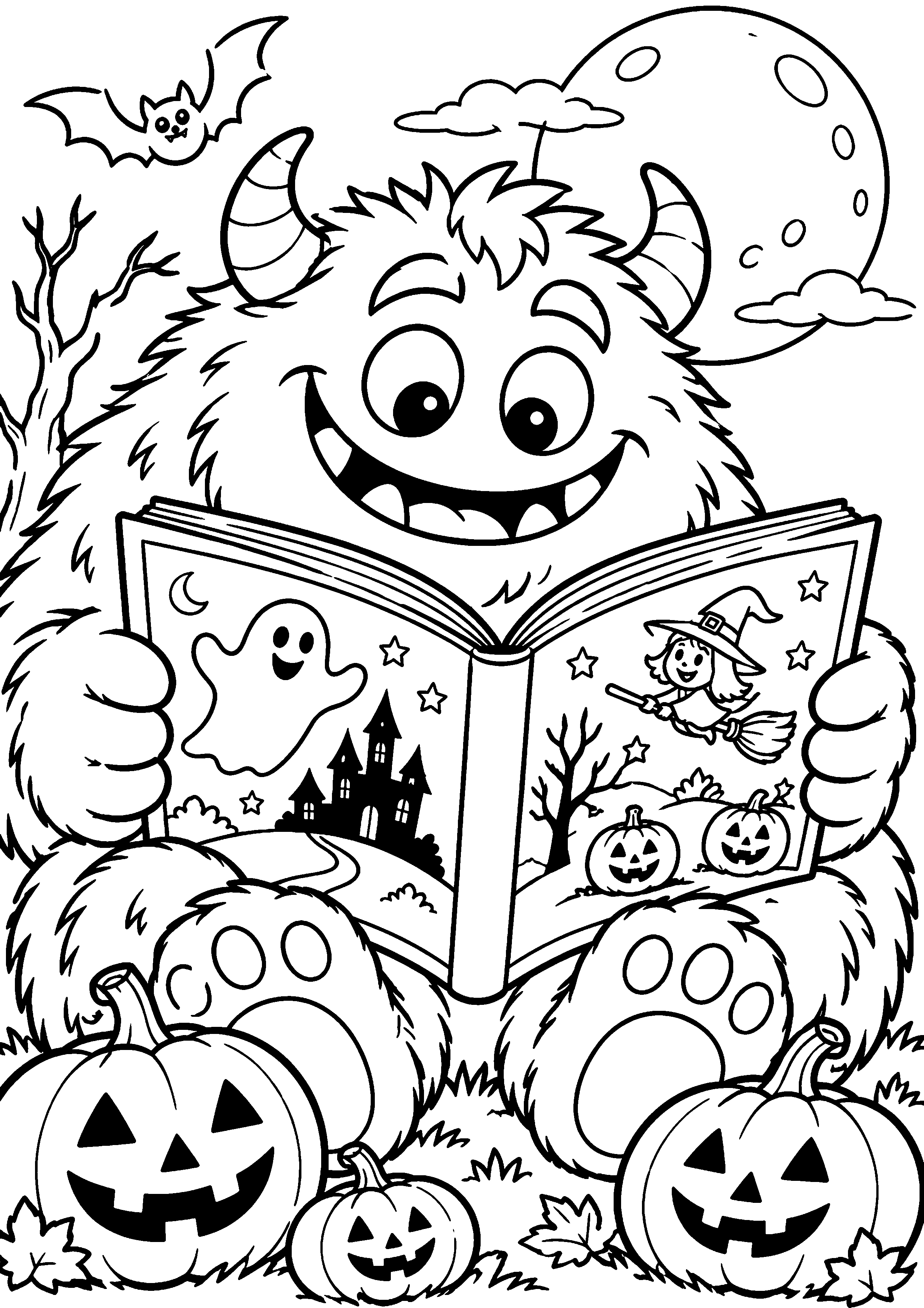 Coloriage en noir et blanc représentant monstre poilu lisant un livre d'images sans texte, en grand format A4