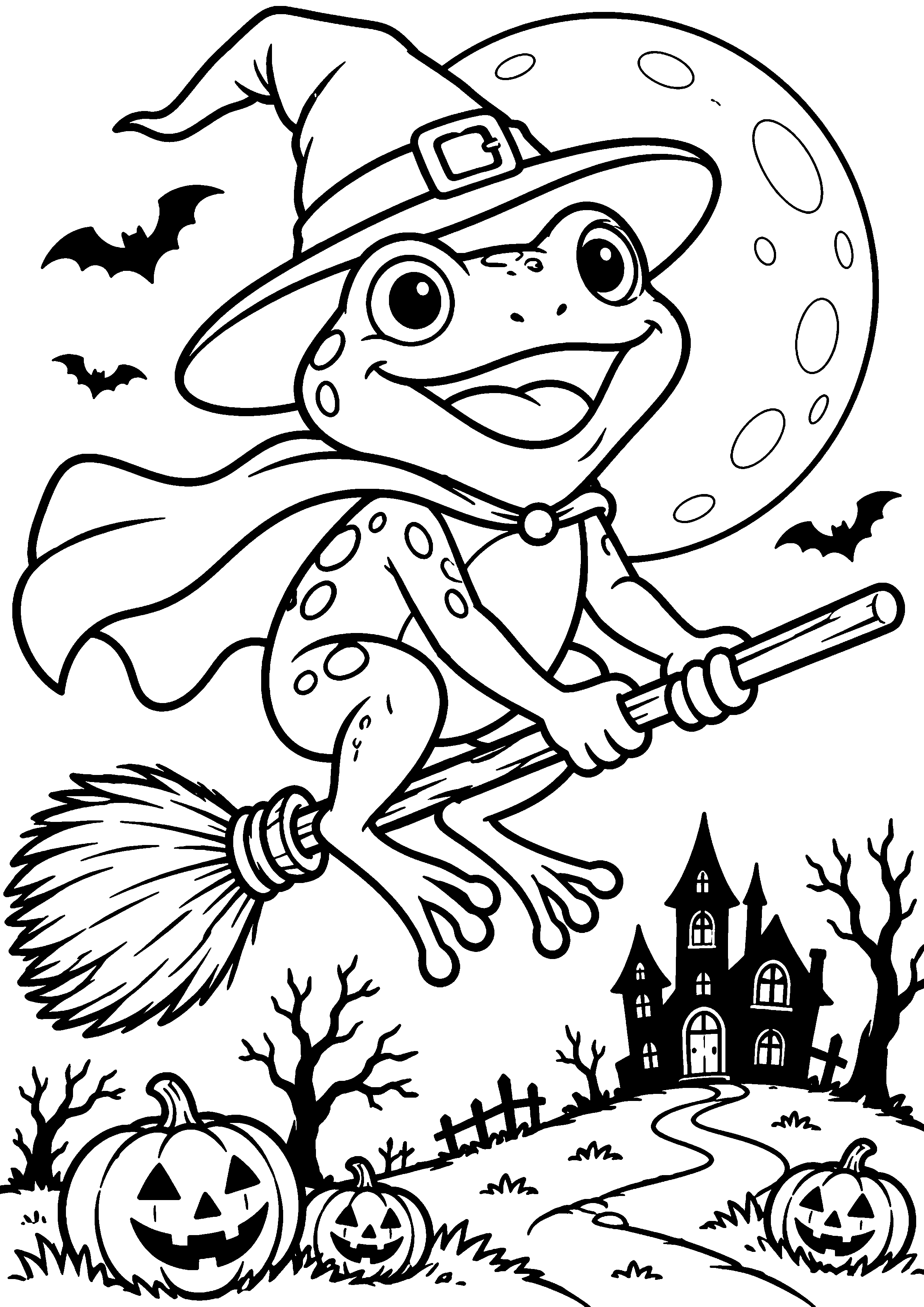 Coloriage en noir et blanc représentant grenouille sorcière chevauchant un balai, en grand format A4