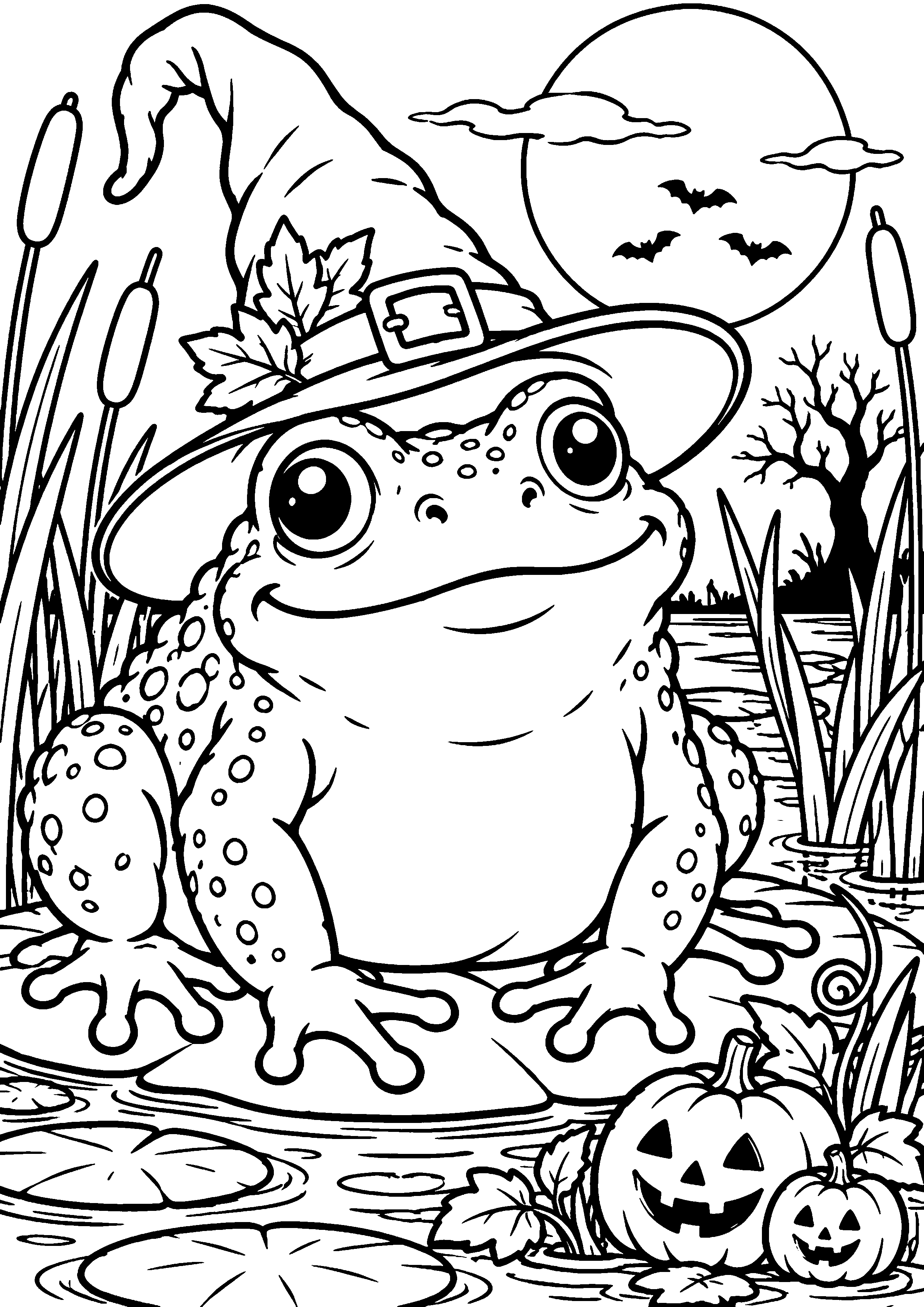 Coloriage en noir et blanc représentant crapaud géant portant un chapeau pointu dans un marais, en grand format A4