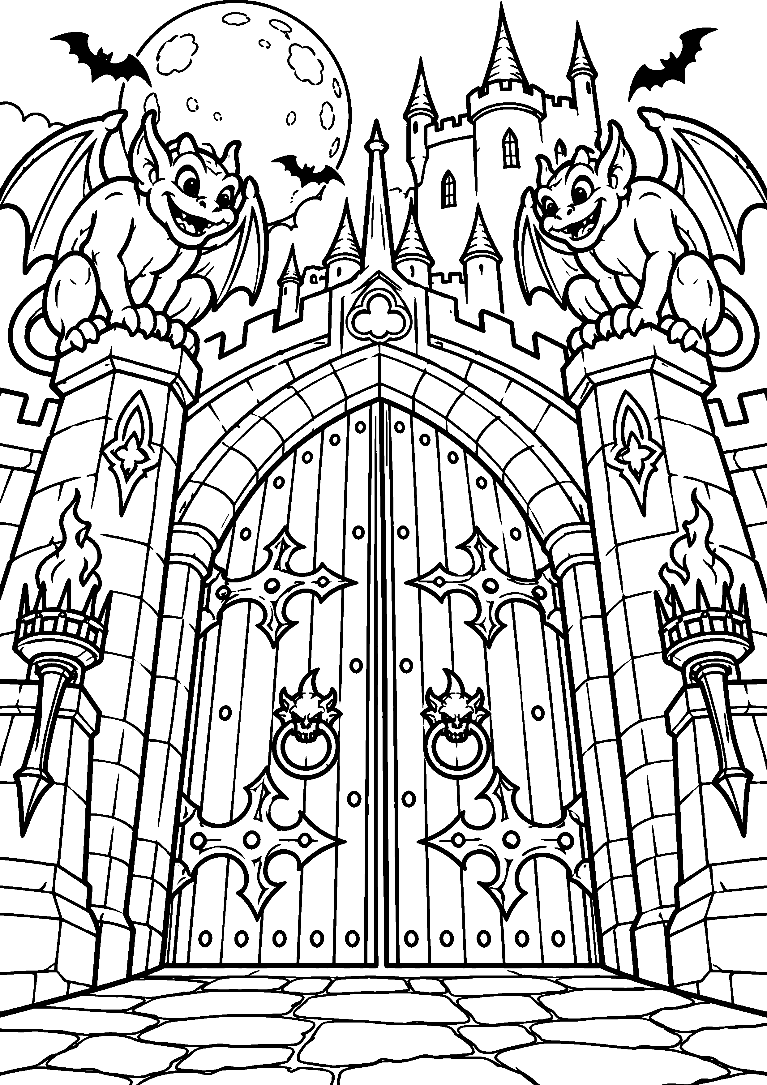 Coloriage en noir et blanc représentant grand portail de château avec gargouilles souriantes, en grand format A4