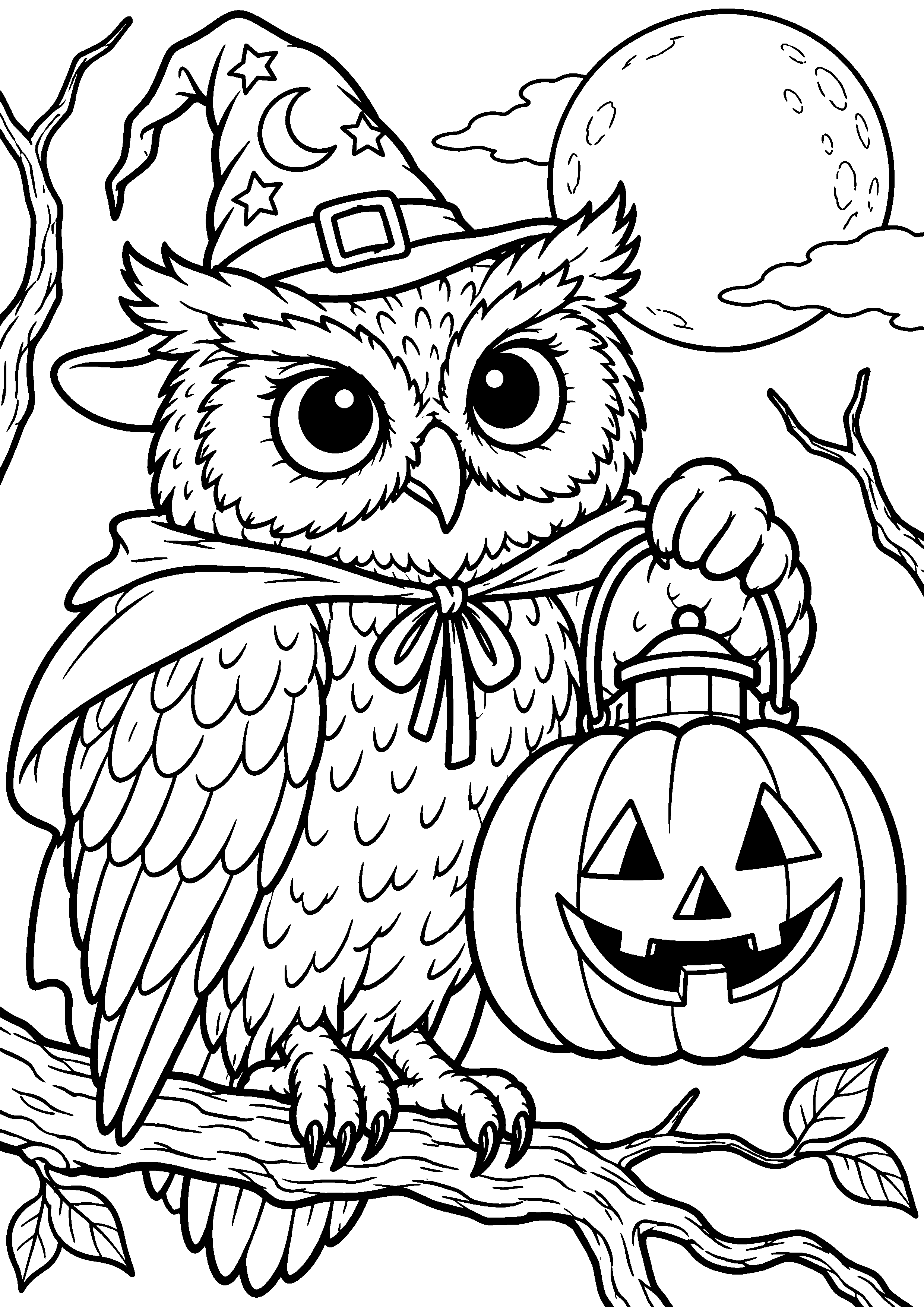 Coloriage en noir et blanc représentant hibou costumé tenant une lanterne citrouille, en grand format A4