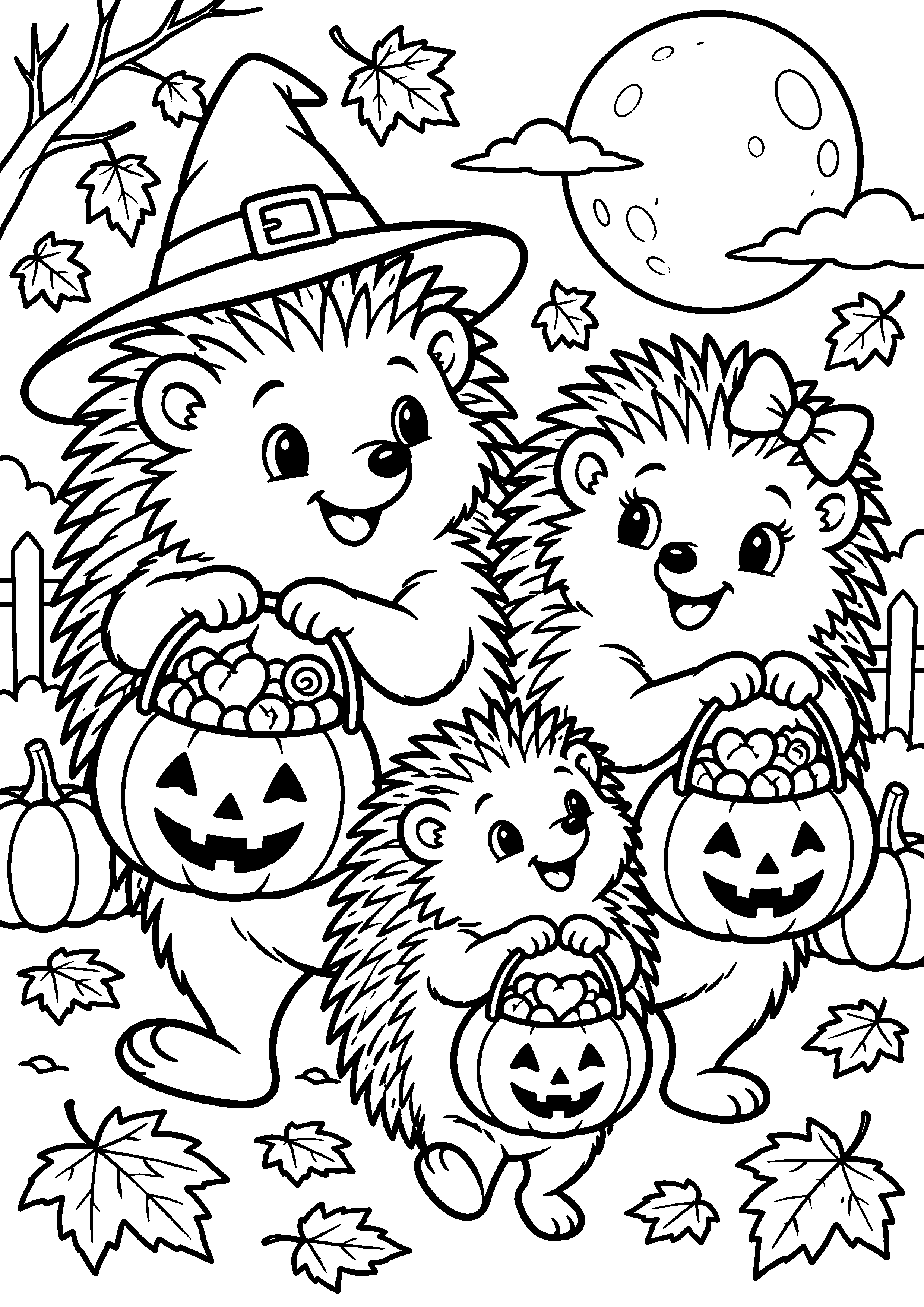 Coloriage en noir et blanc représentant famille de hérissons transportant des bonbons génériques, en grand format A4