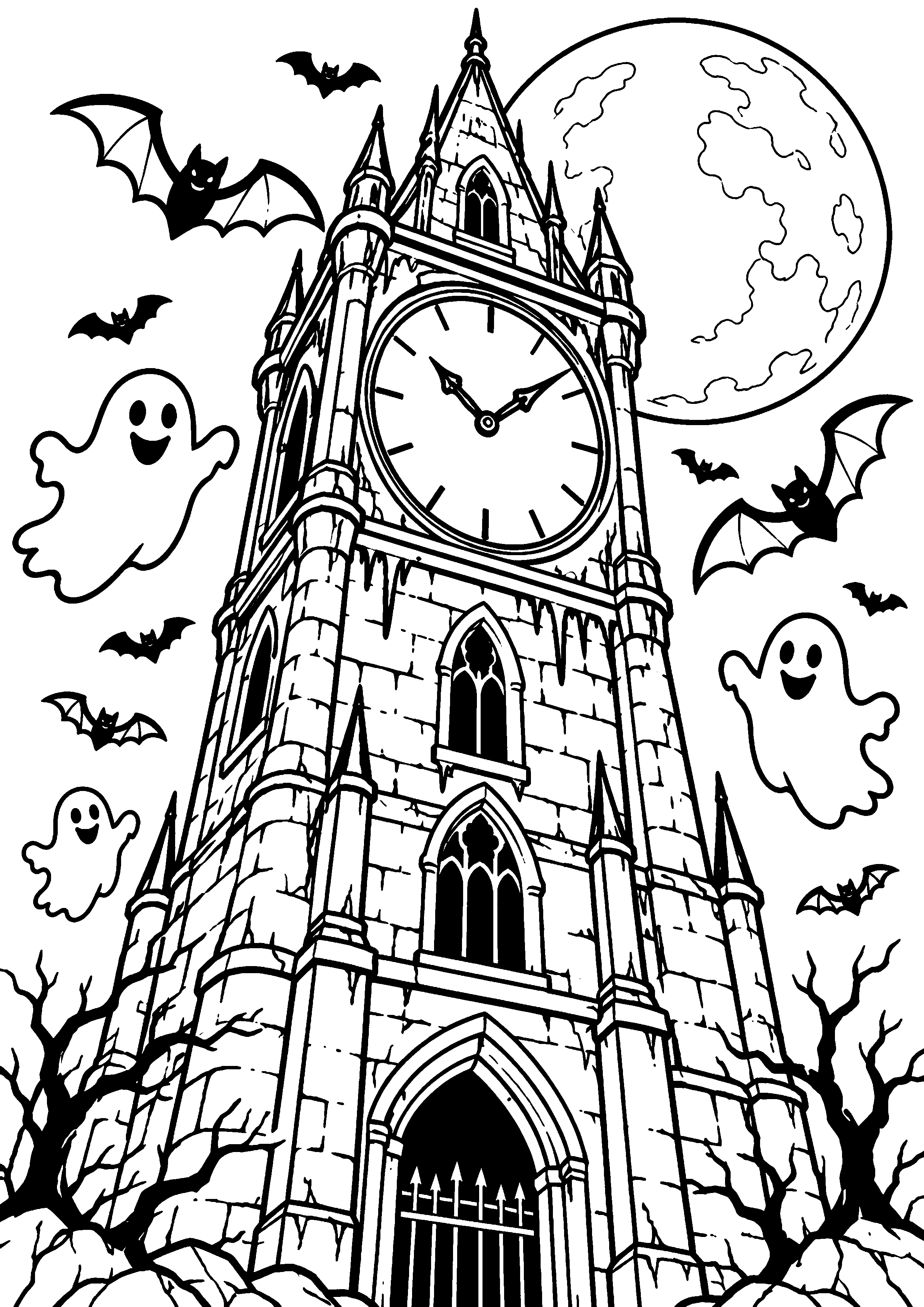Coloriage en noir et blanc représentant tour d'horloge hantée entourée de chauves-souris, en grand format A4