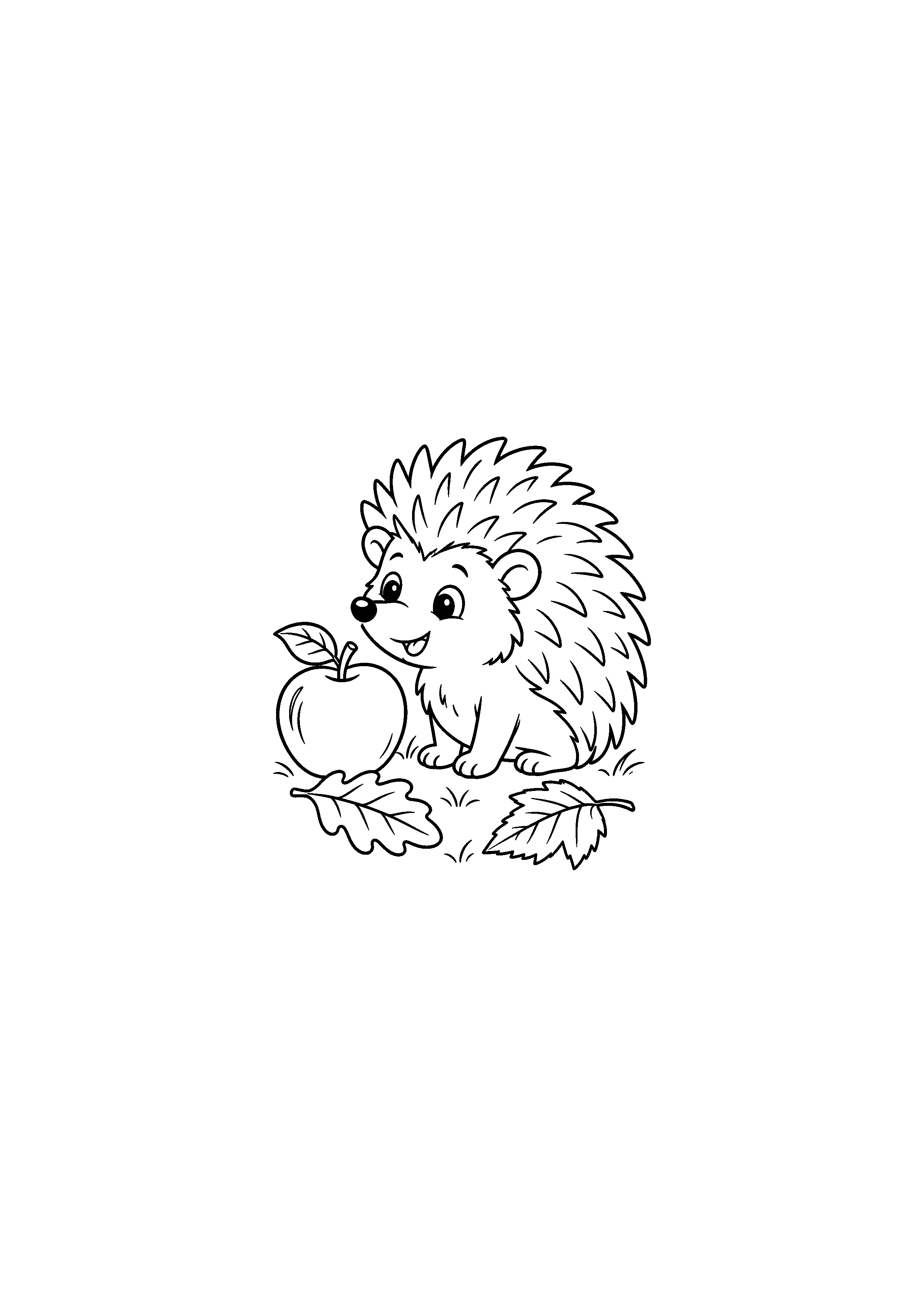 Coloriage hérisson près d'une pomme et de feuilles mortes à imprimer