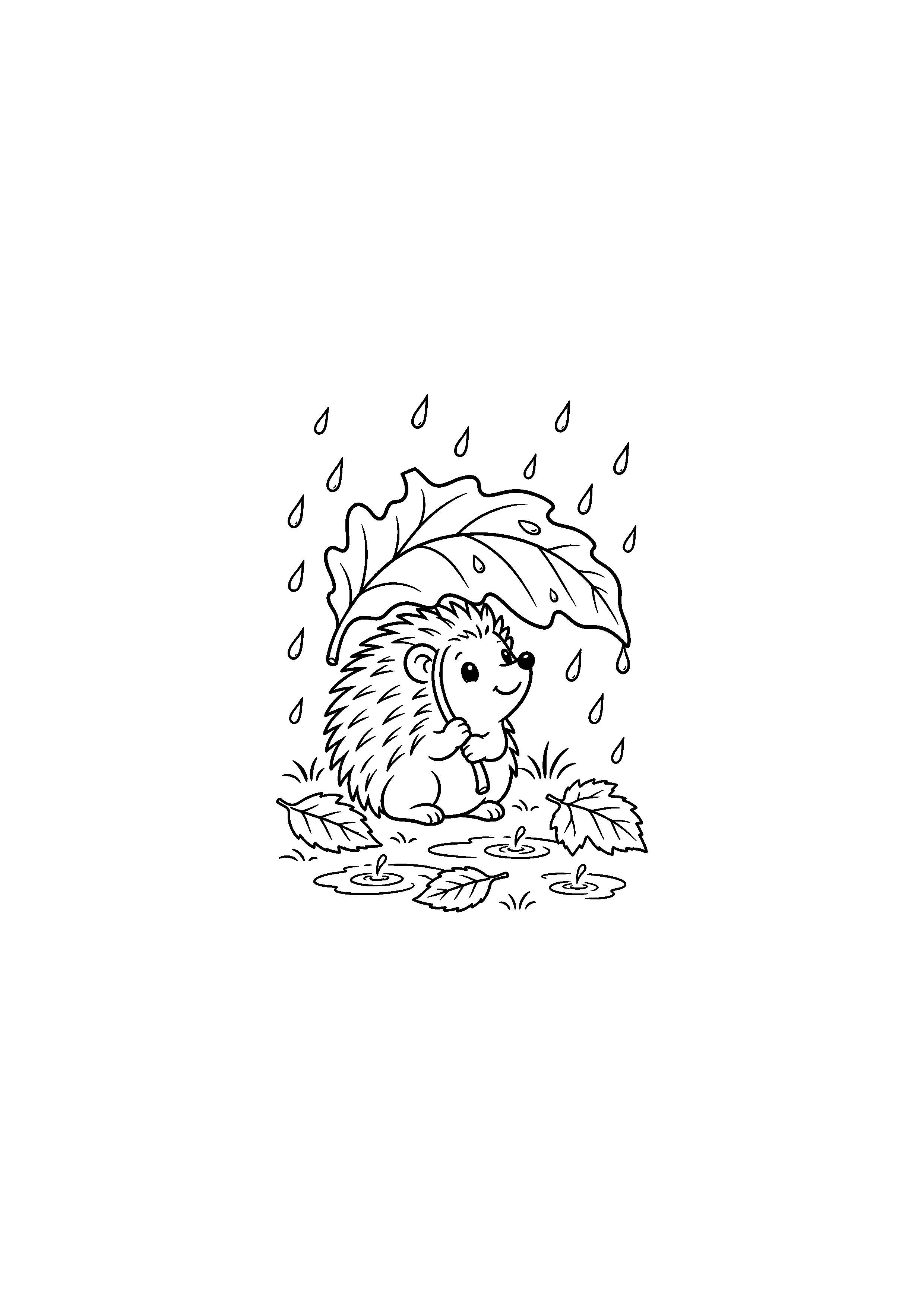 Coloriage hérisson abrité sous une feuille pendant la pluie à imprimer
