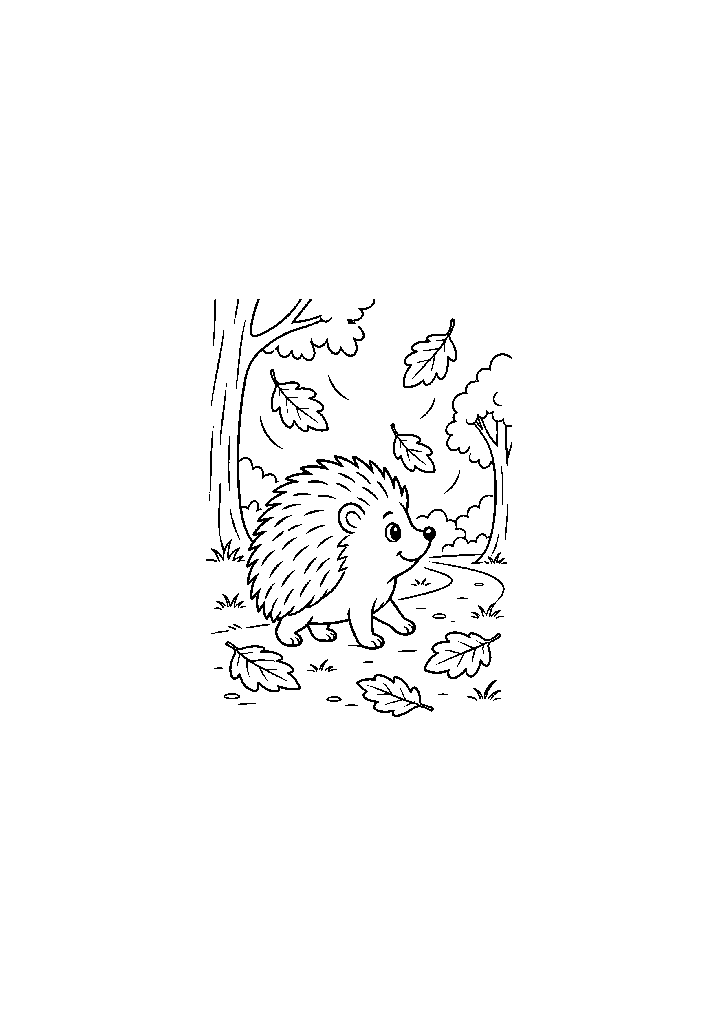 Coloriage hérisson en promenade sur un chemin forestier à imprimer