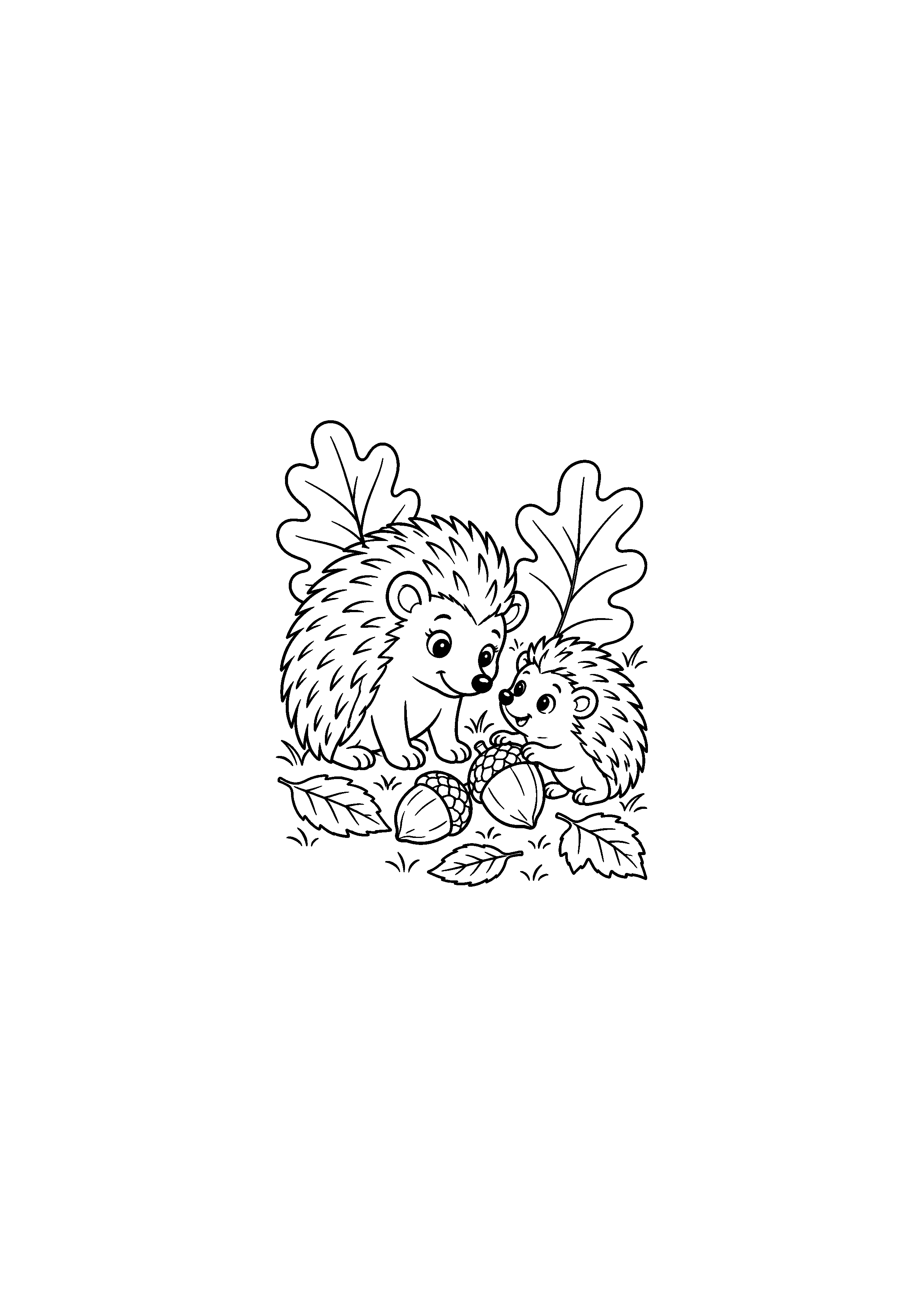 Coloriage maman hérisson et bébé près de glands à imprimer