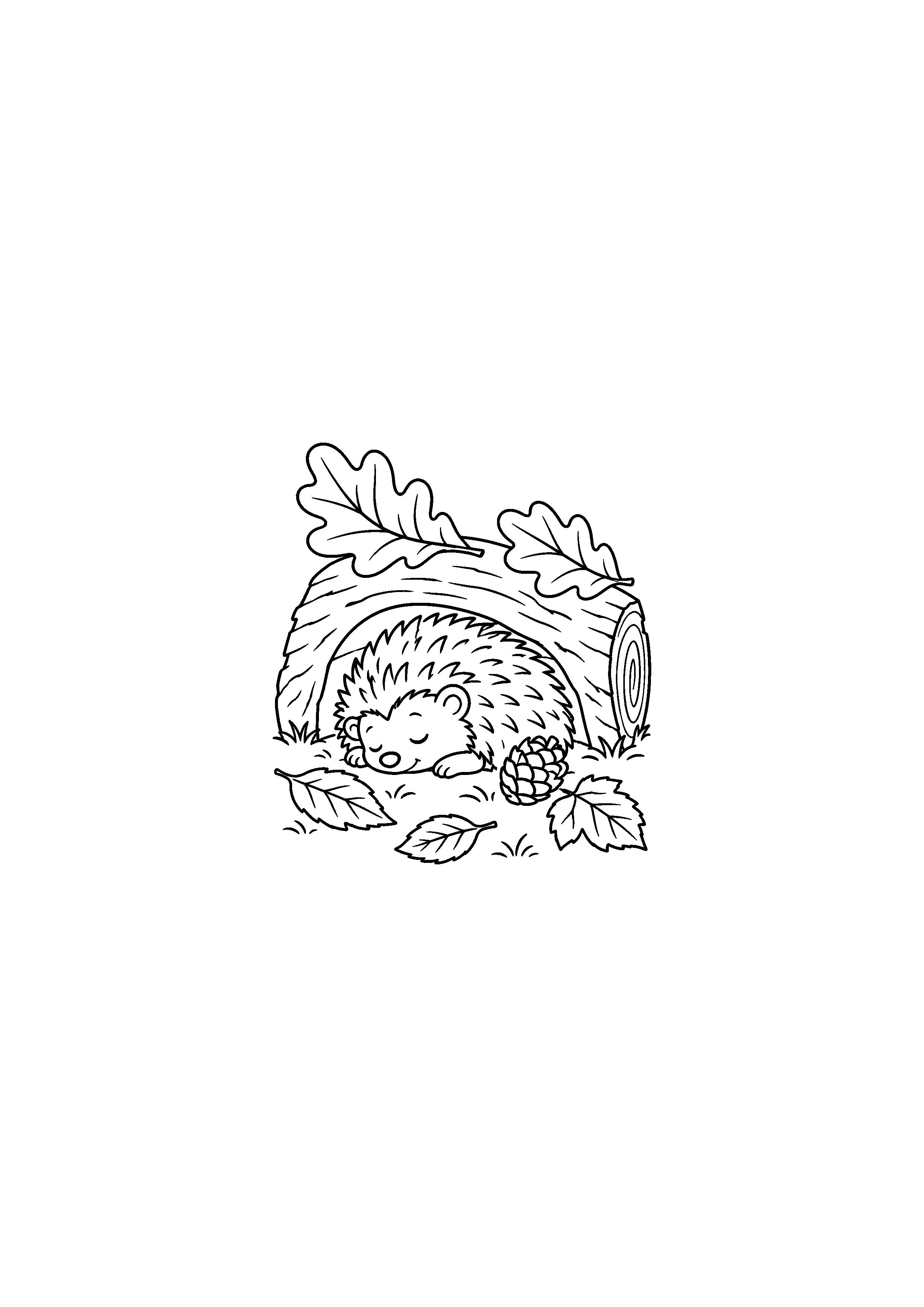 Coloriage hérisson endormi sous un tronc avec pomme de pin à imprimer