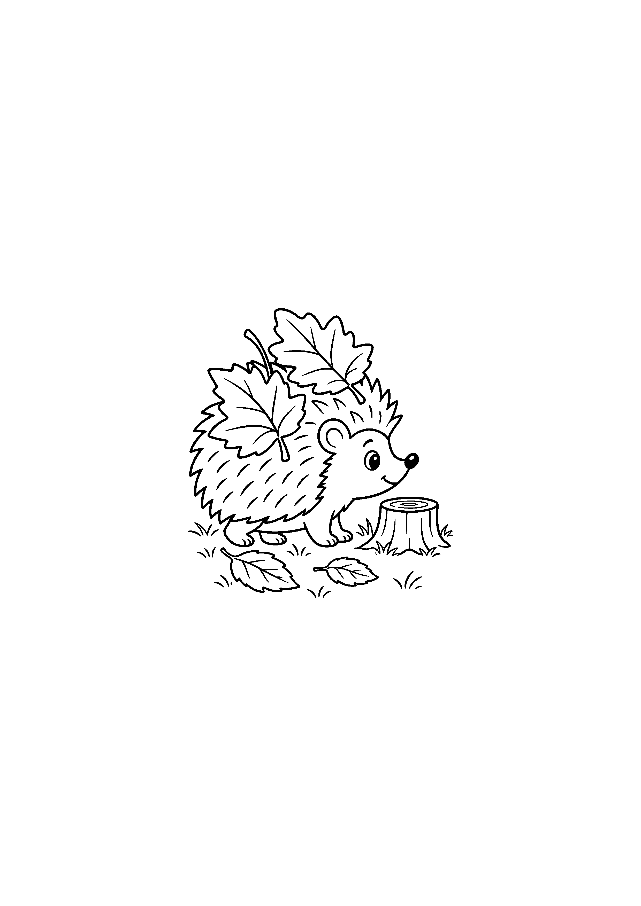 Coloriage hérisson portant deux feuilles près d'une souche à imprimer