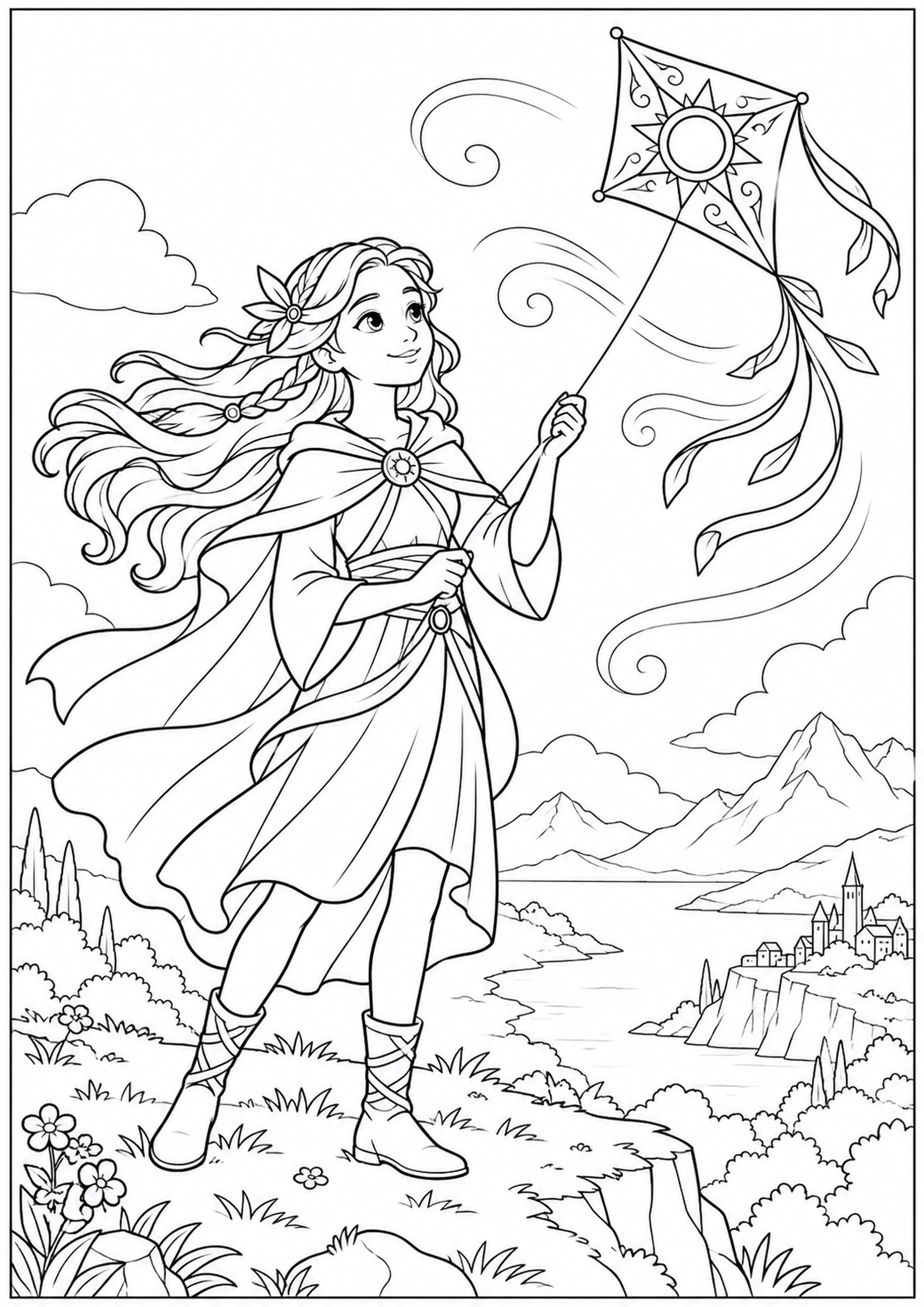 Coloriage gardienne des vents avec cerf-volant magique original à imprimer