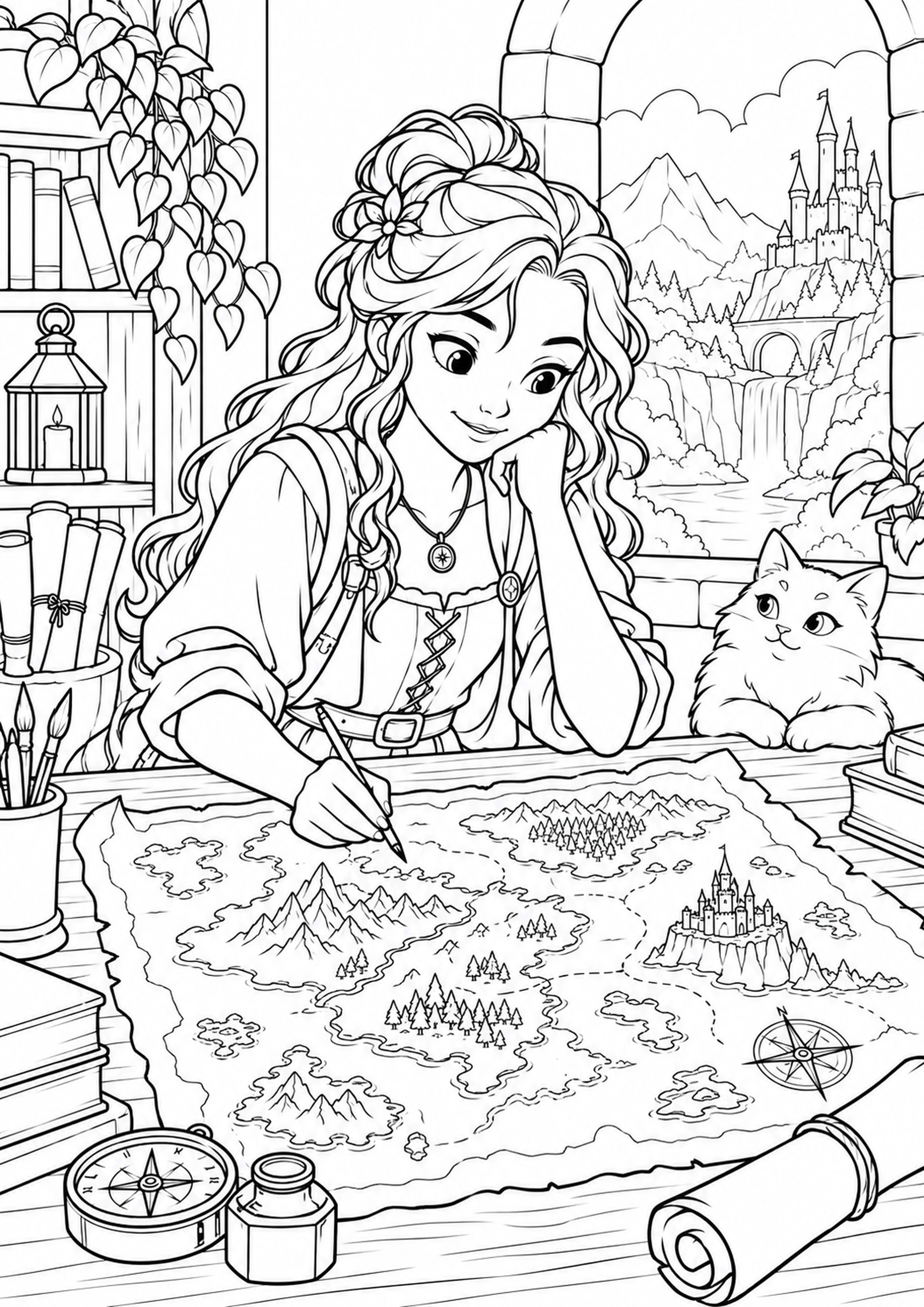 Coloriage cartographe d’un royaume imaginaire à imprimer