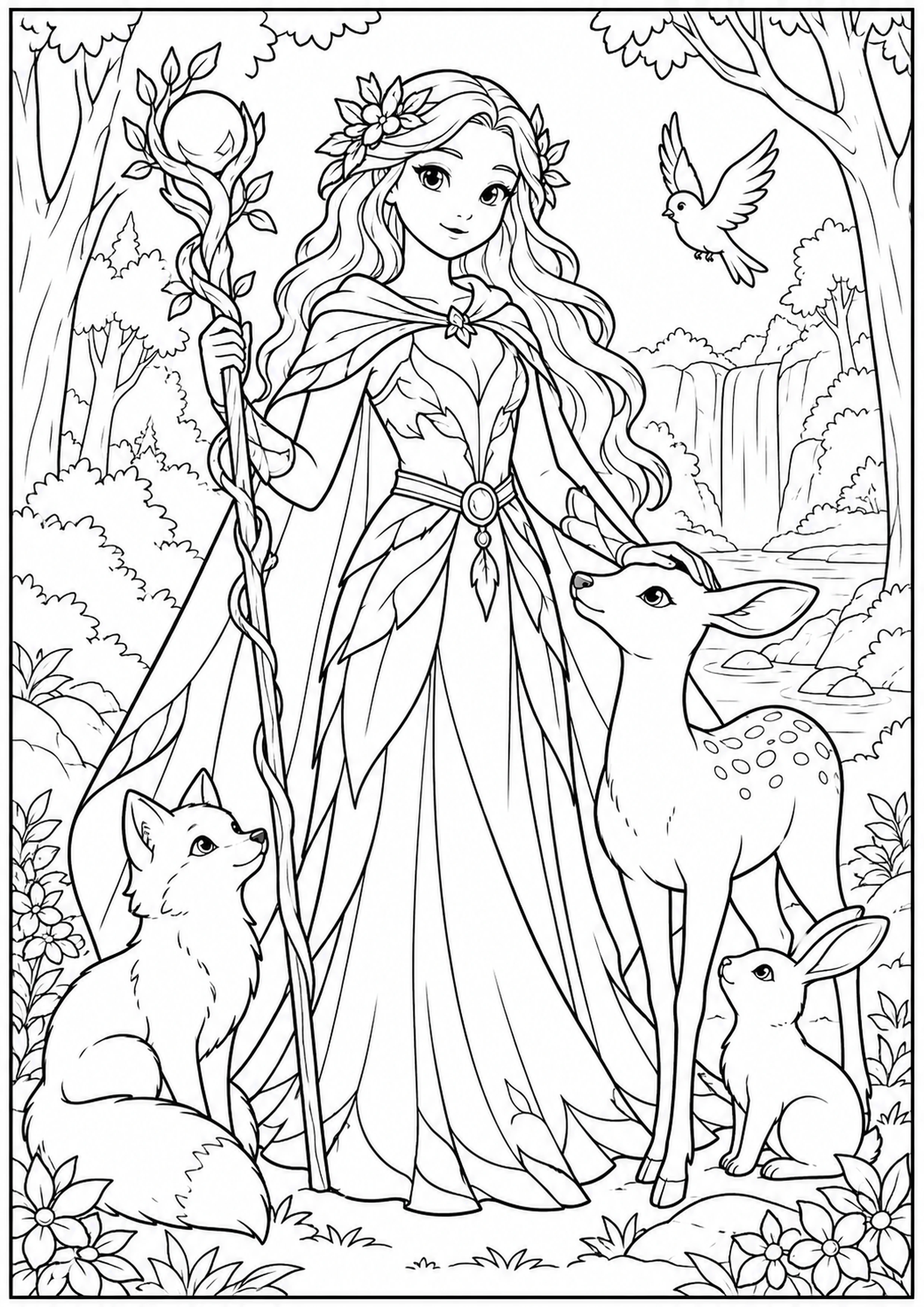 Coloriage protectrice d’une forêt lumineuse à imprimer
