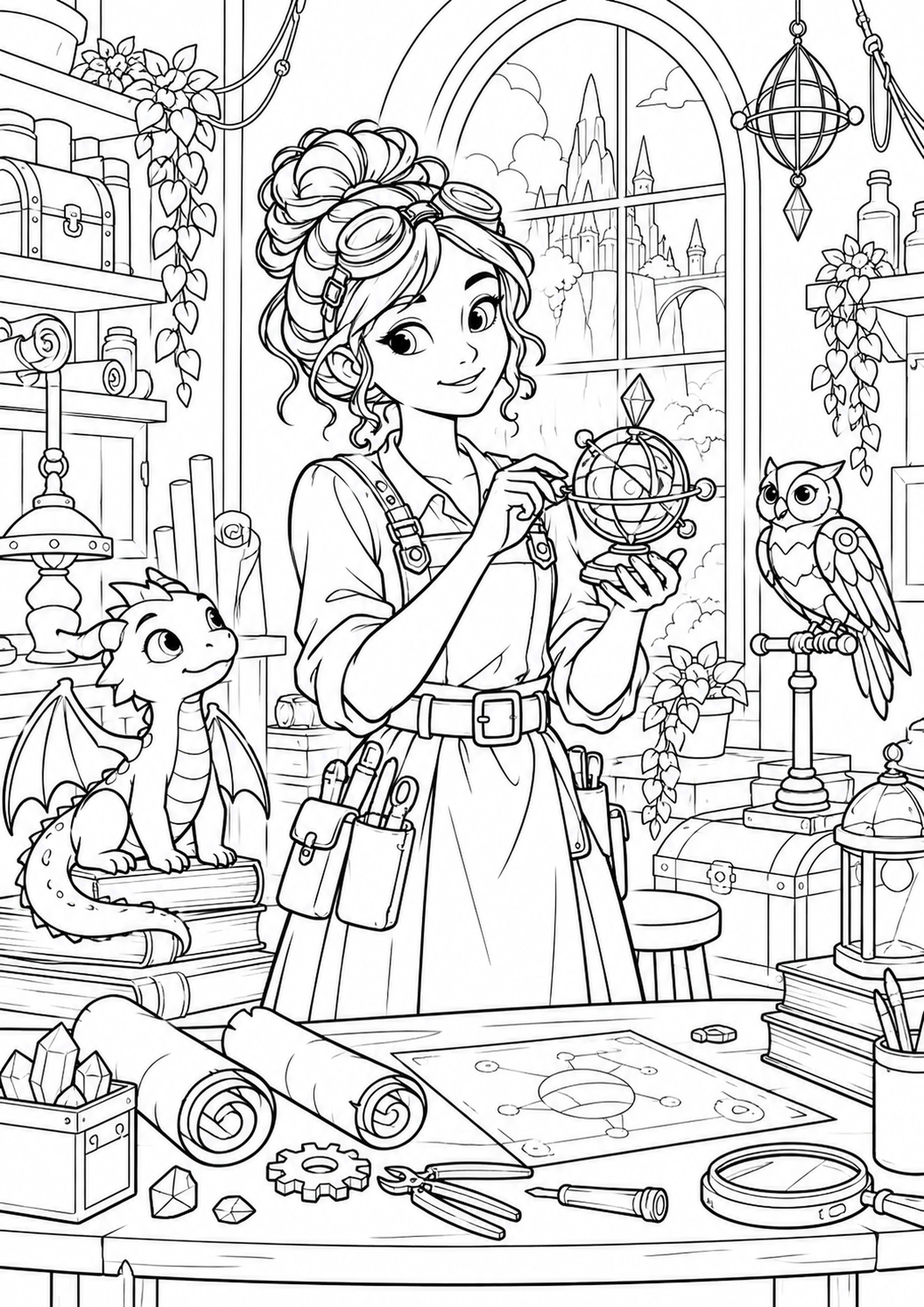 Coloriage inventrice dans un atelier fantastique à imprimer