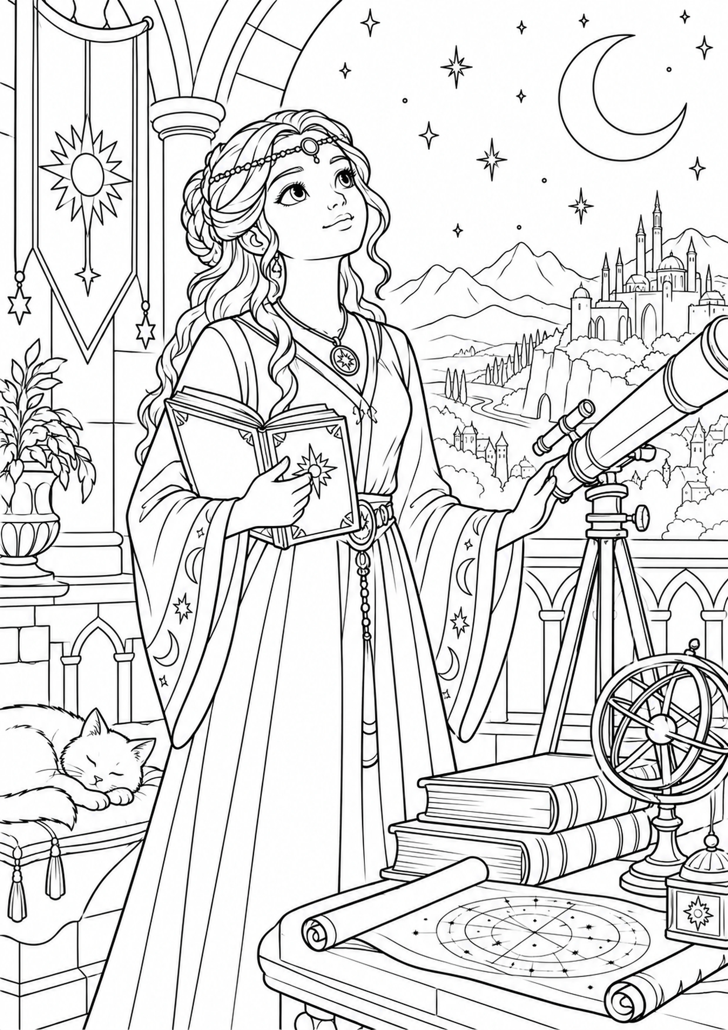 Coloriage astronome d’un royaume ancien imaginaire à imprimer