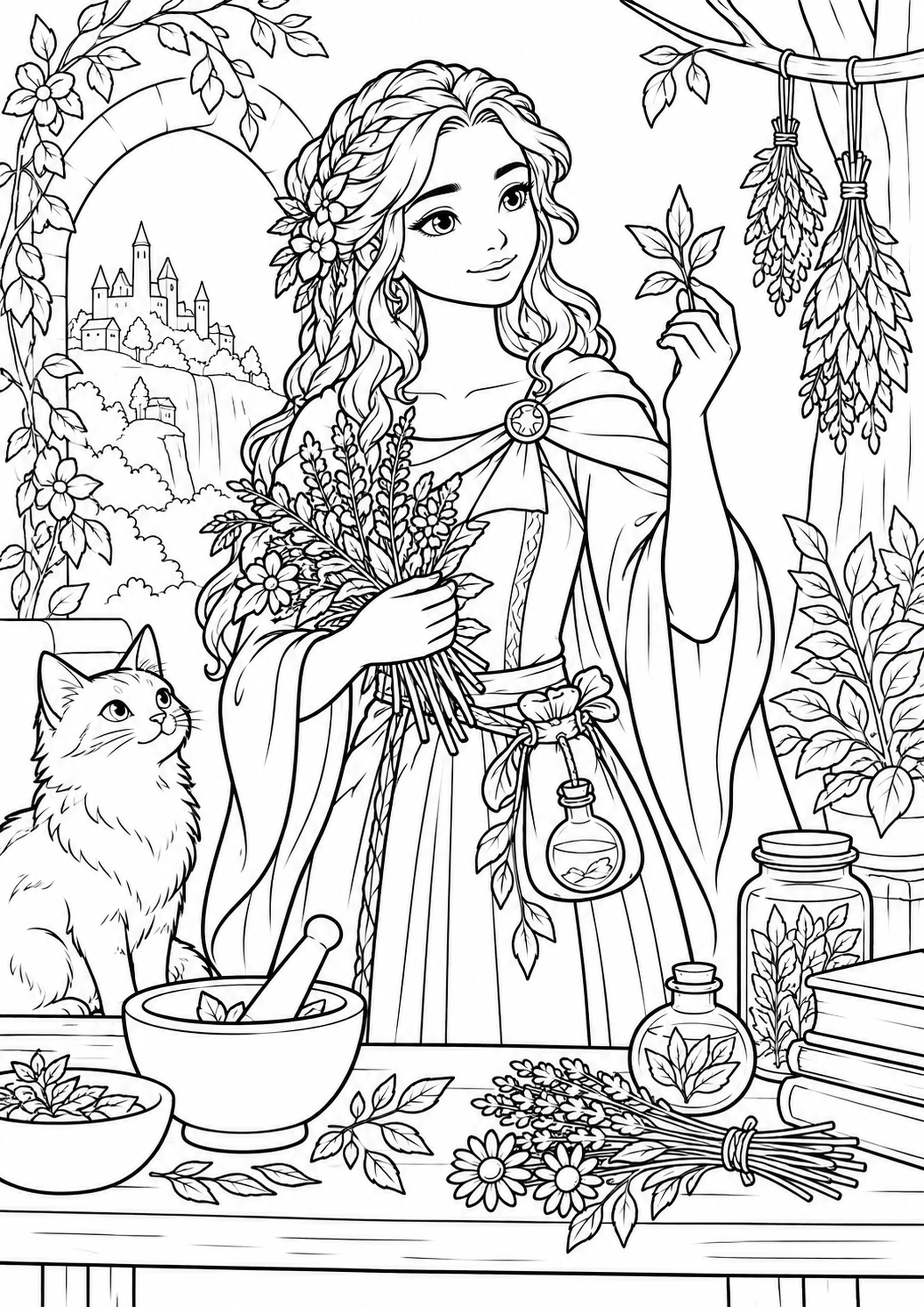Coloriage guérisseuse aux plantes à imprimer