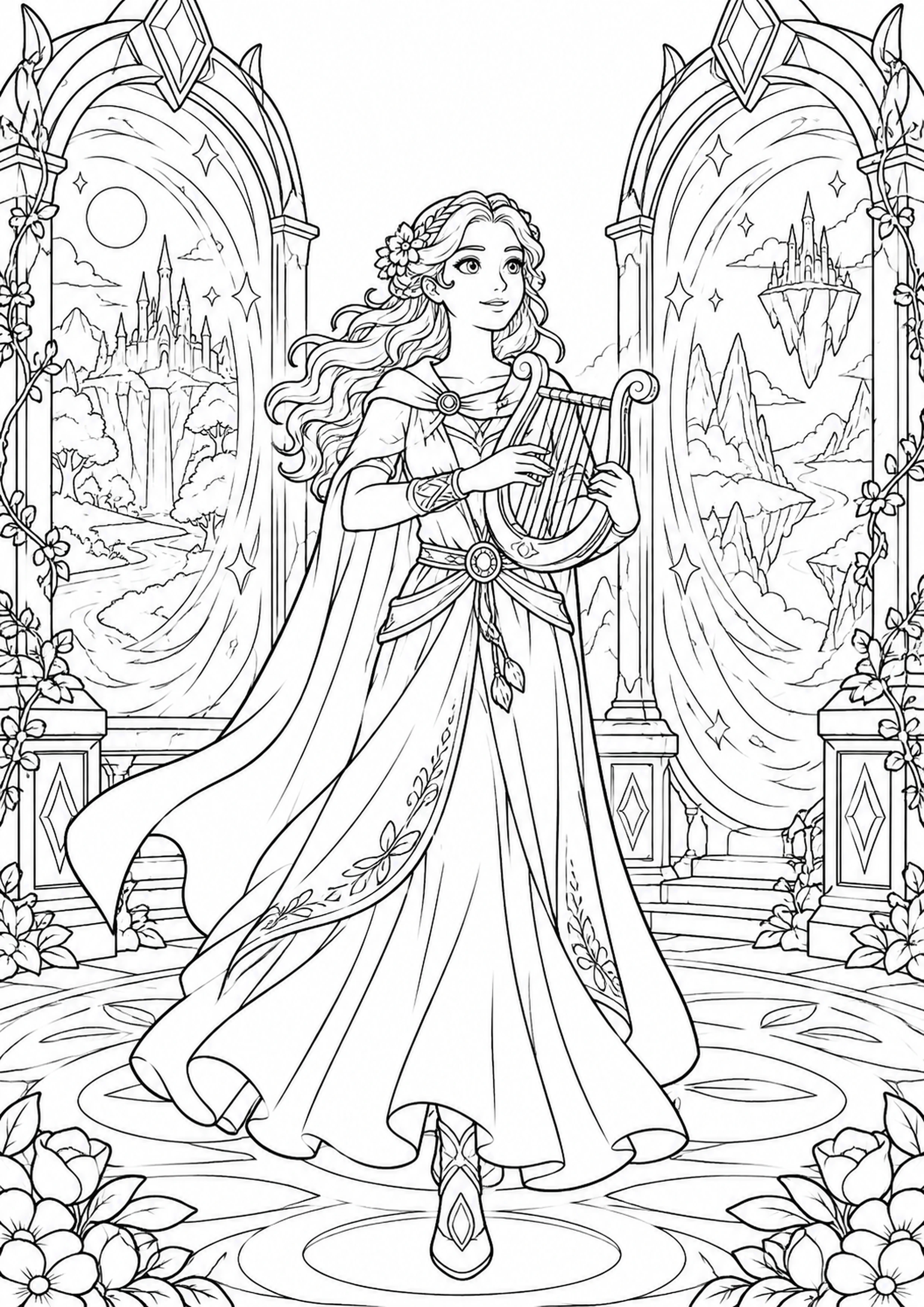 Coloriage musicienne qui ouvre des portails à imprimer
