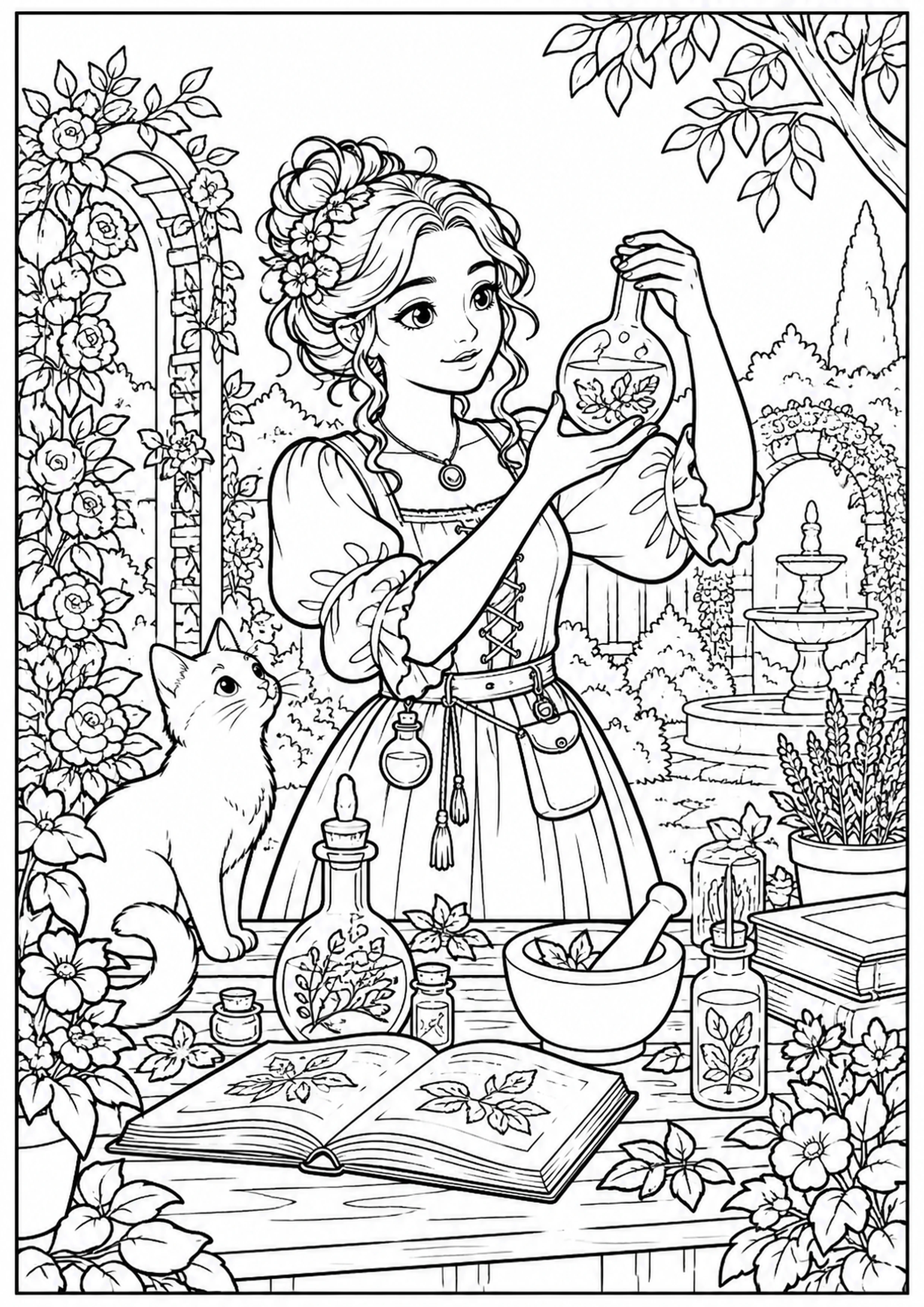 Coloriage alchimiste dans un jardin à imprimer