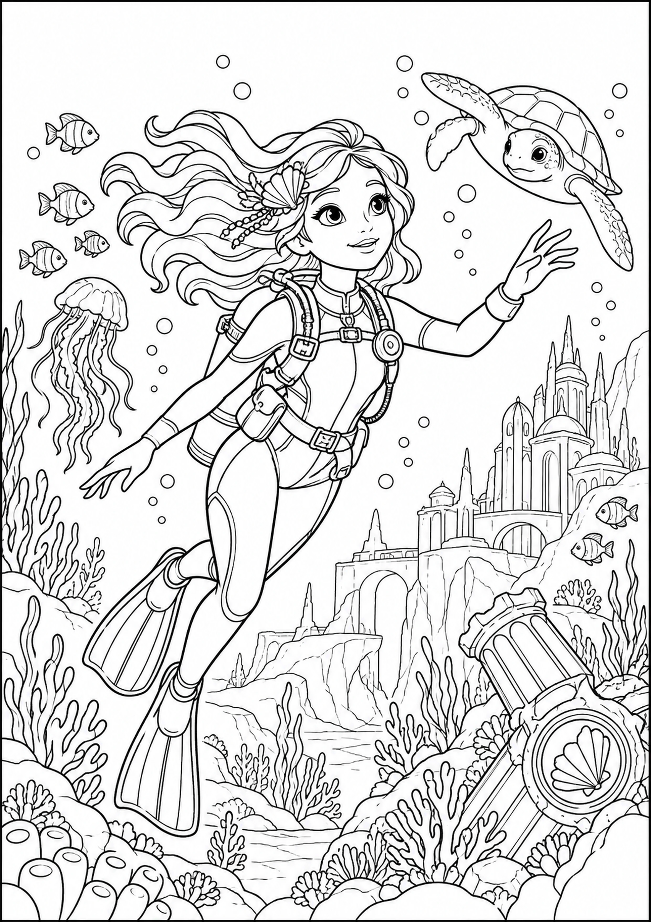 Coloriage exploratrice sous-marine fantastique à imprimer