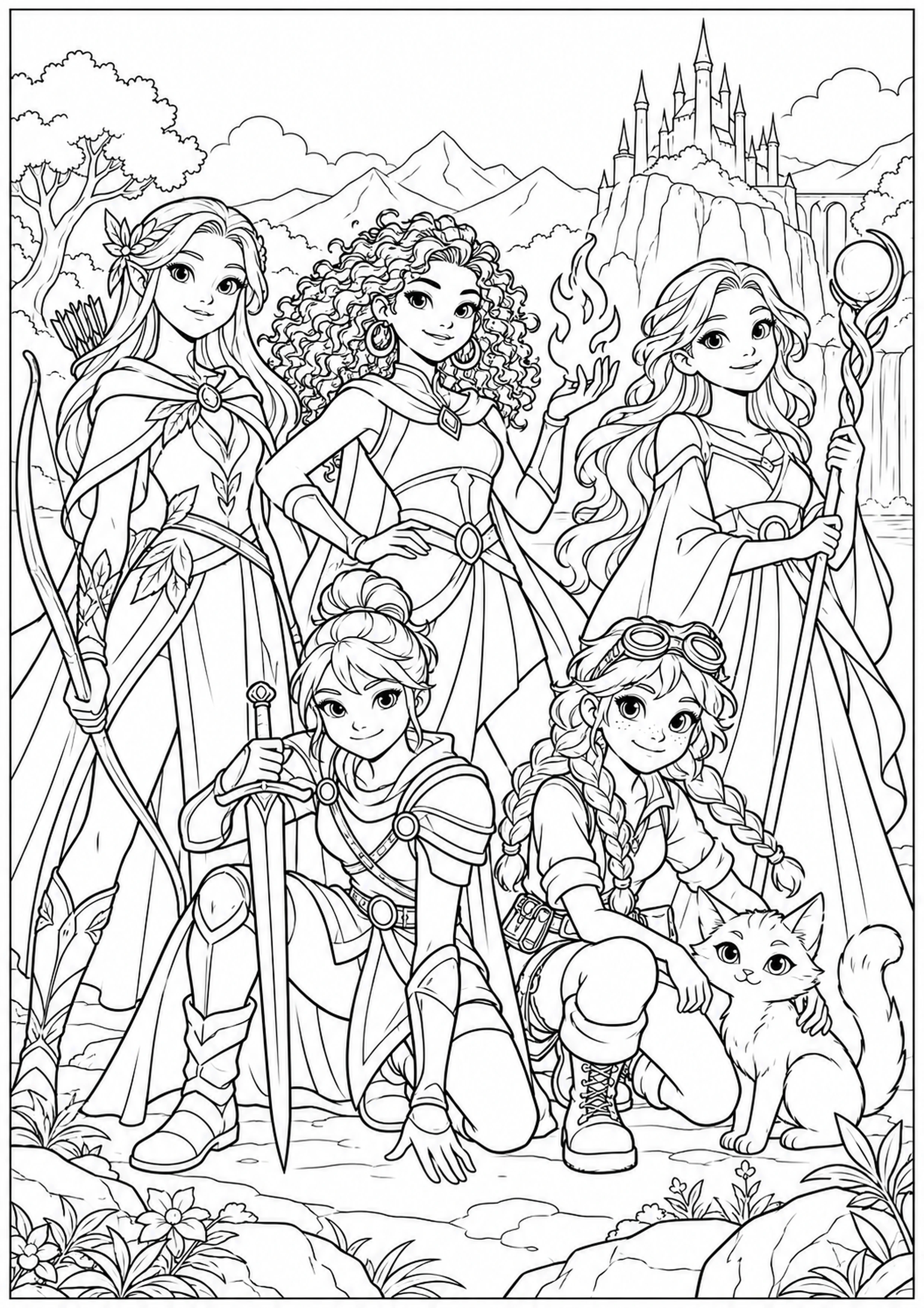Coloriage équipe de cinq héroïnes originales à imprimer