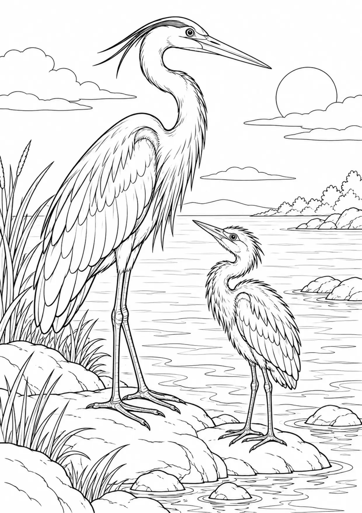 Coloriage héron : adulte et petit près d’un rocher à imprimer
