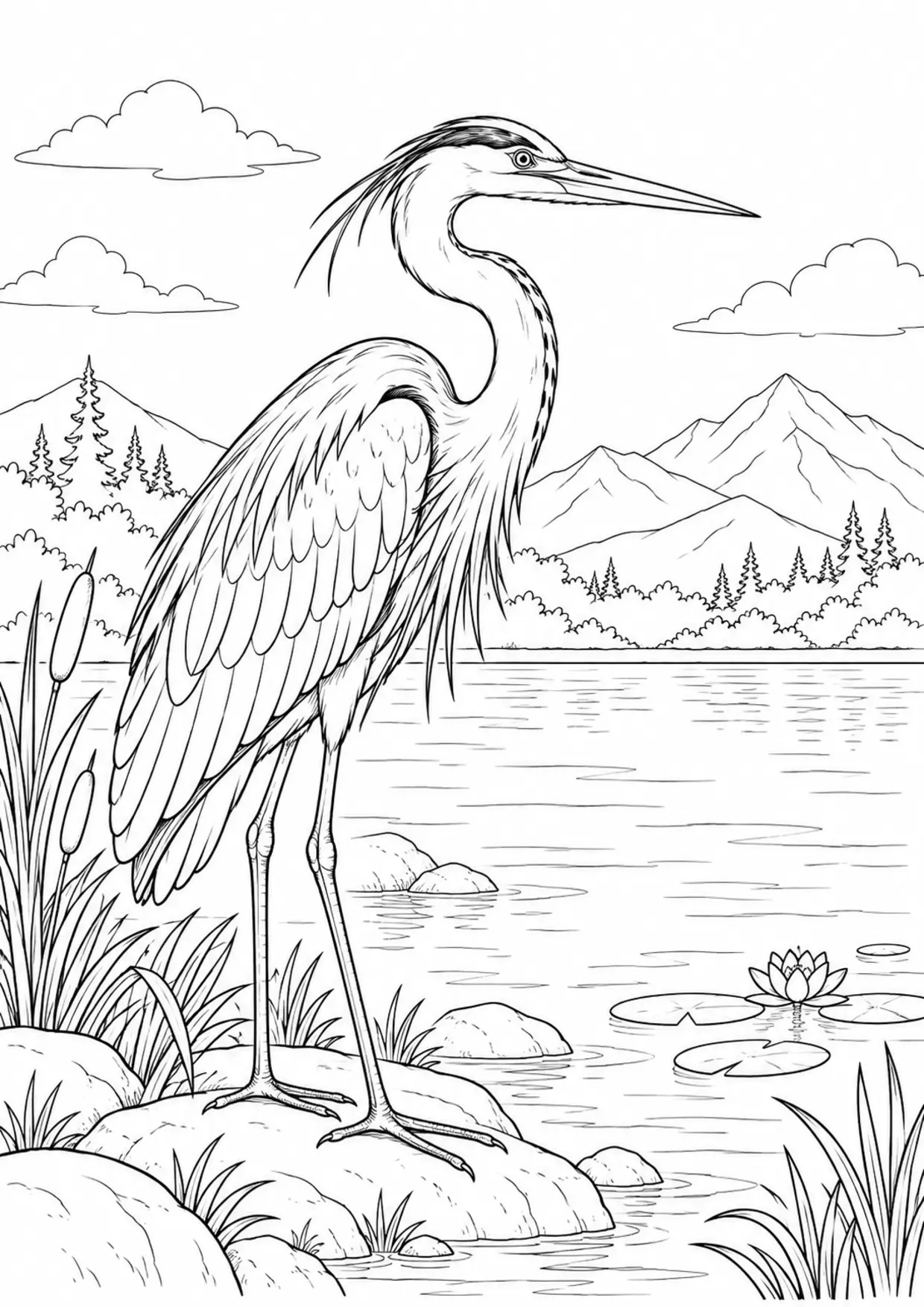Coloriage héron : animal dans un décor de montagnes, contours noirs nets et zones fermées sur fond blanc