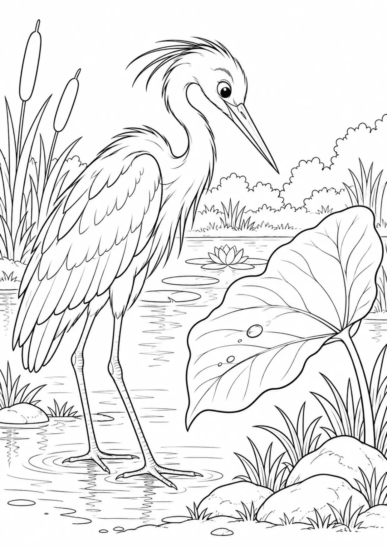 Coloriage héron : jeune animal curieux avec une grande feuille à imprimer