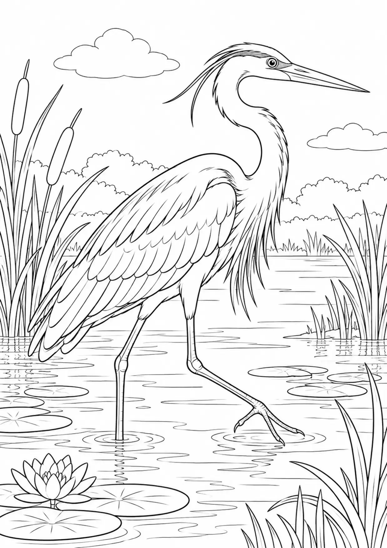 Coloriage héron : profil marchant dans son habitat à imprimer
