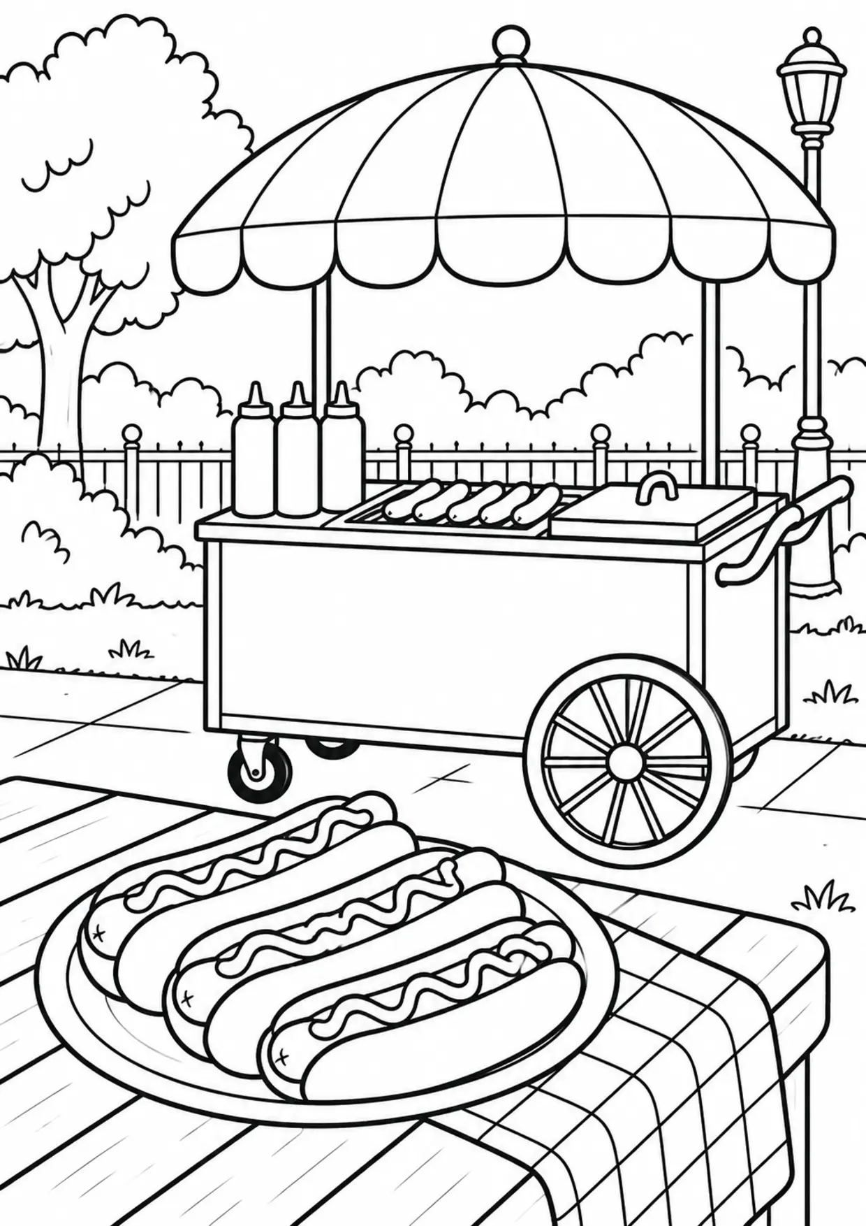 Coloriage Hot-dog : chariot à imprimer représentant chariot en dessin noir et blanc