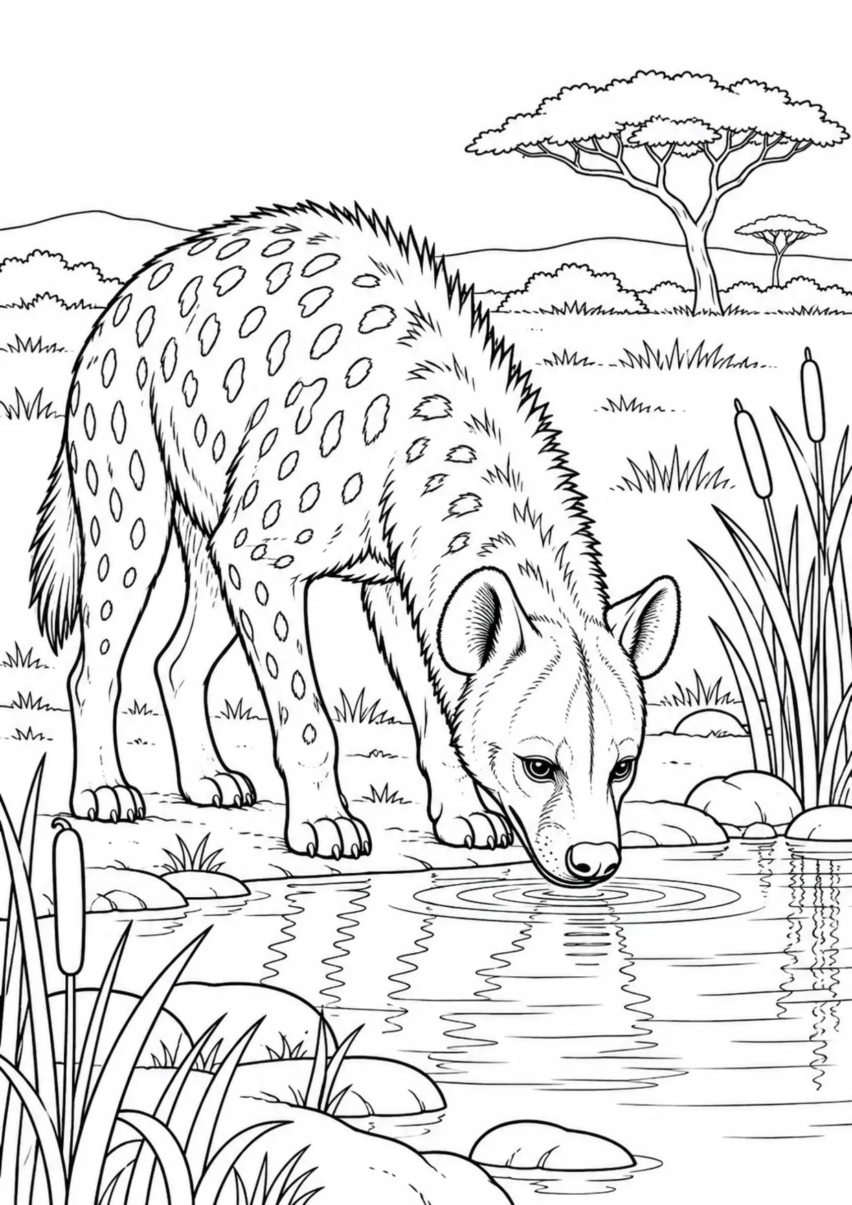 Coloriage hyène : mare savane à imprimer montrant mare savane, dessin noir et blanc