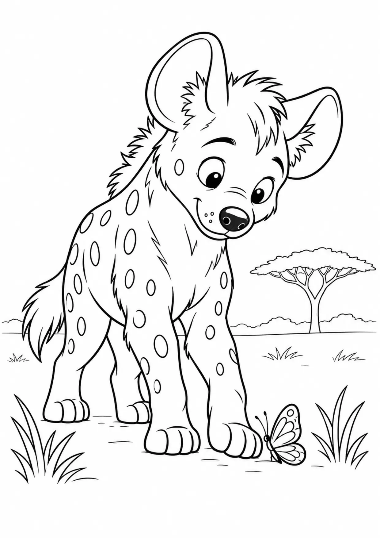 Coloriage hyène : papillon savane à imprimer montrant papillon savane, dessin noir et blanc