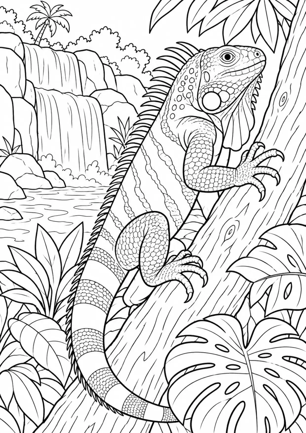 Coloriage iguane : cascade