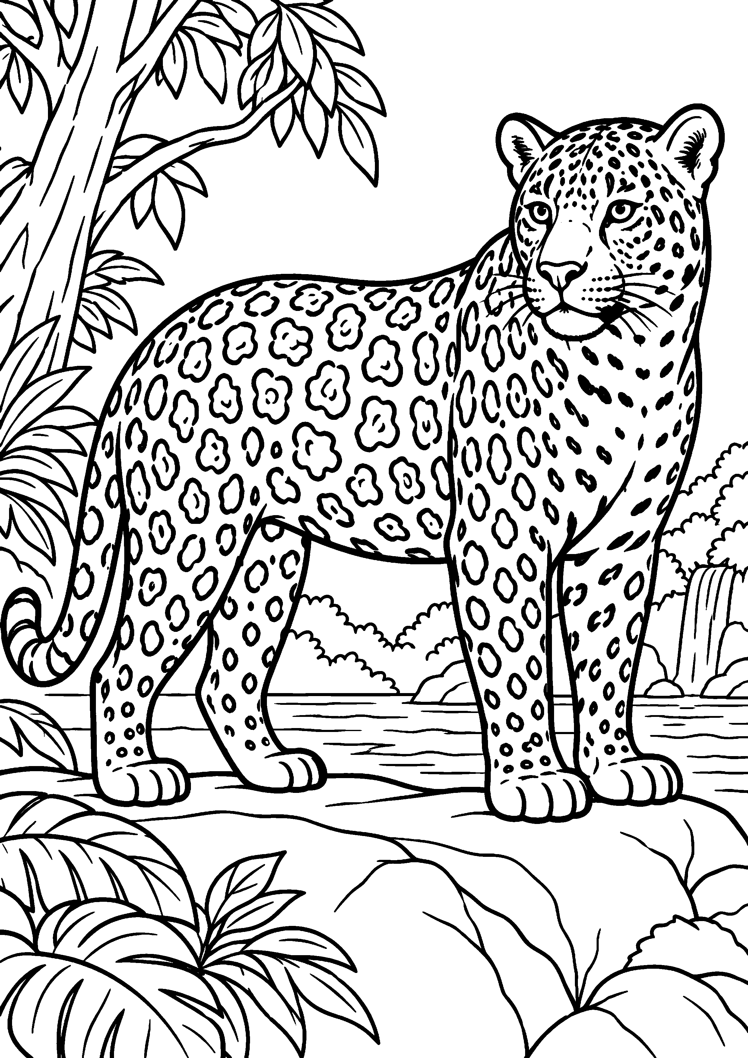 Coloriage jaguar en grand portrait de face au regard éveillé à imprimer