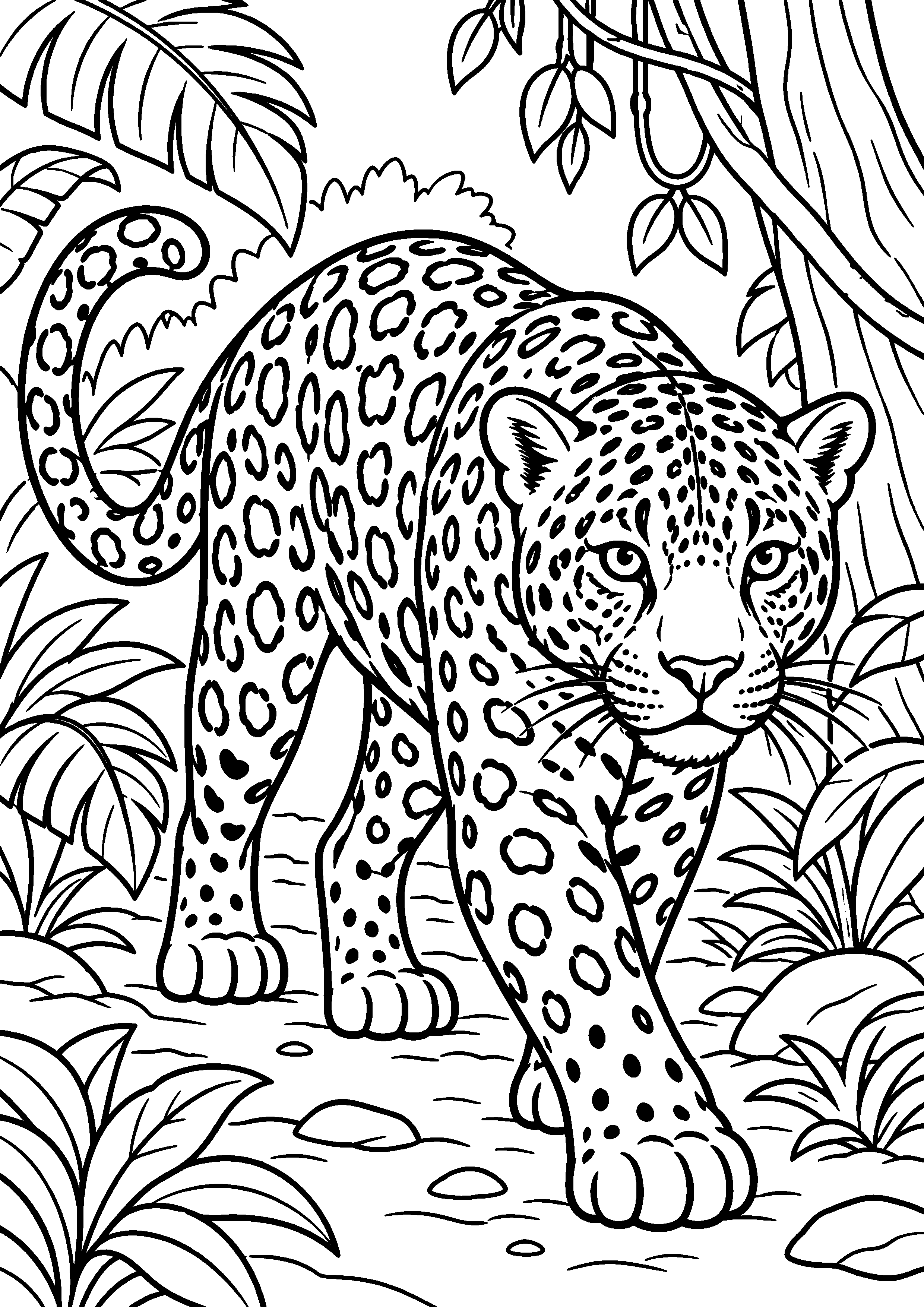 Coloriage jaguar de profil marchant dans son habitat à imprimer