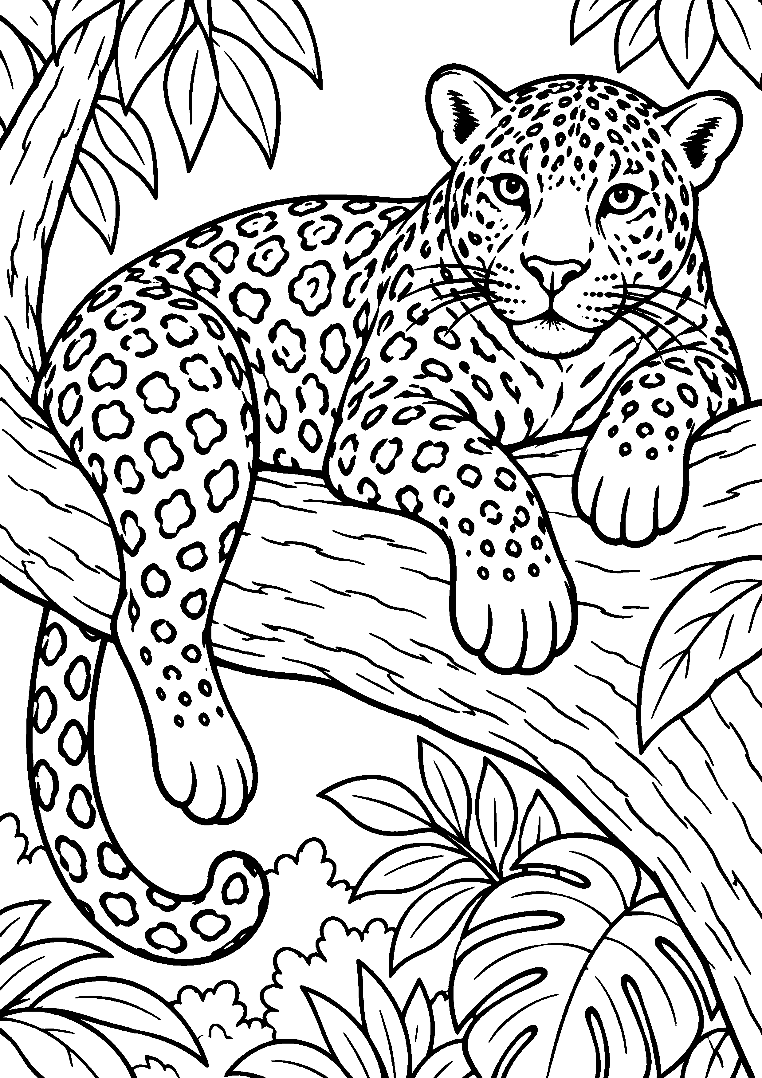 Coloriage jaguar assis sur une large souche à imprimer