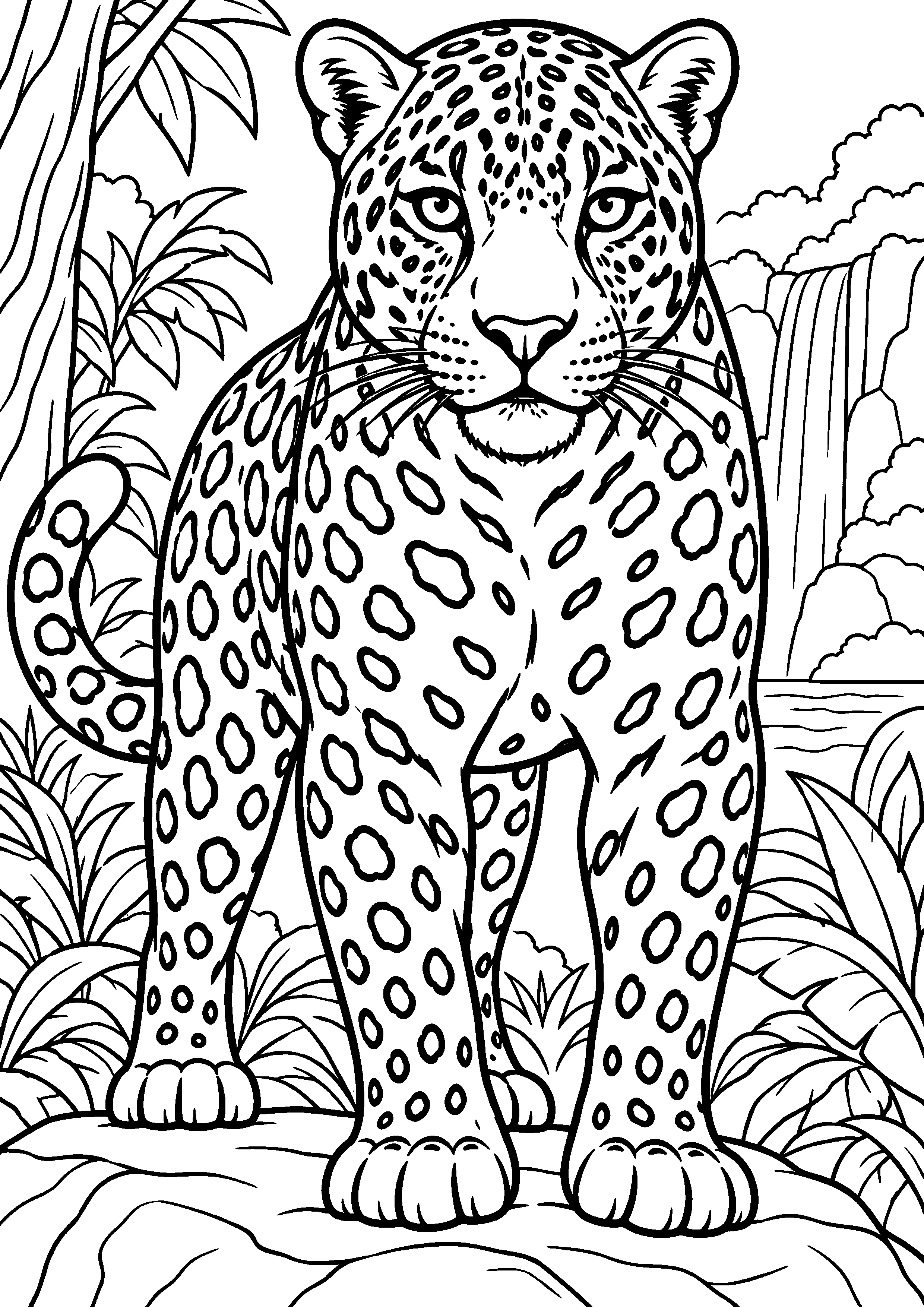 Grand coloriage d’un jaguar observant un papillon, contours noirs nets sur fond blanc