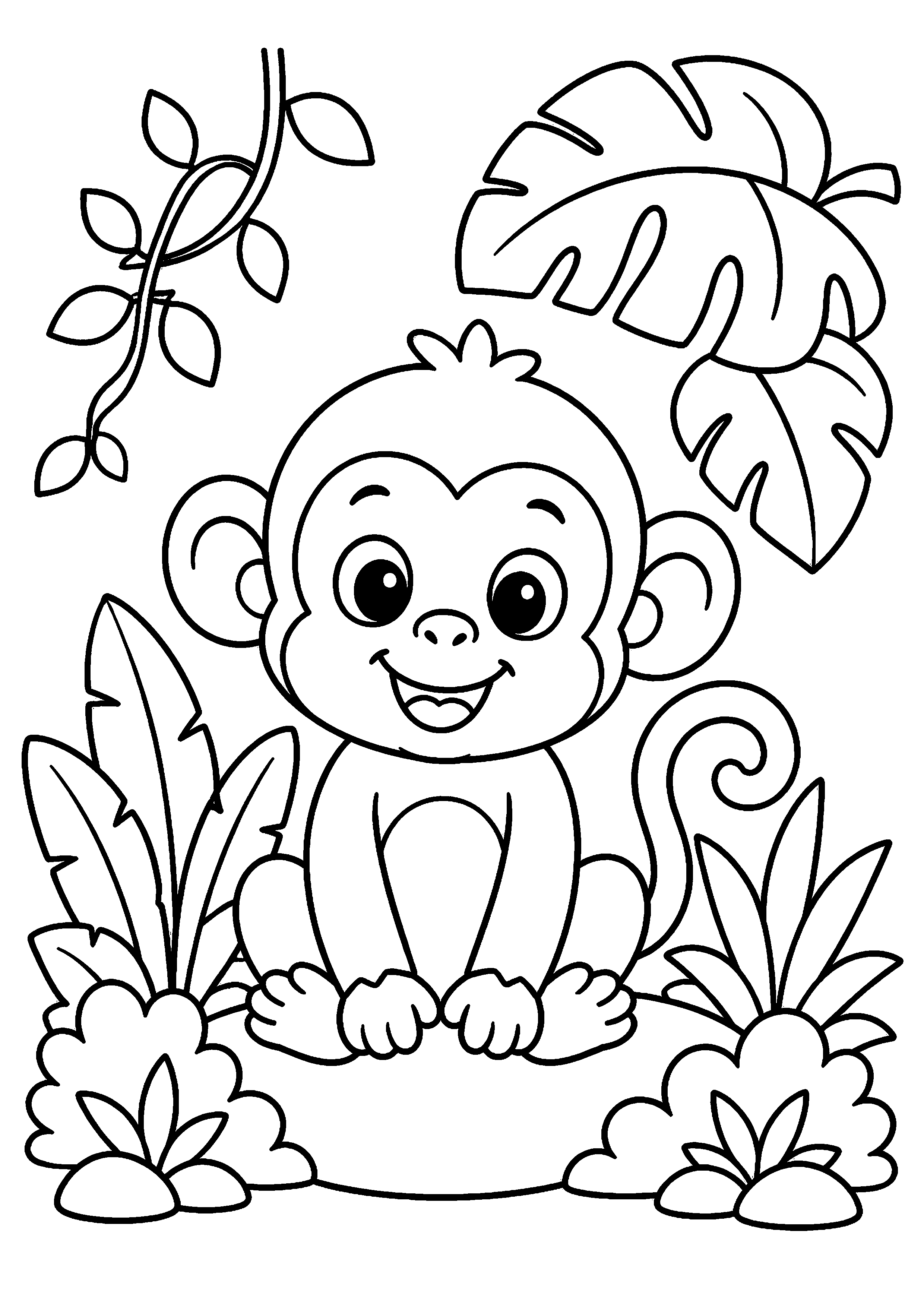 Coloriage petit singe au milieu des plantes tropicales à imprimer gratuitement
