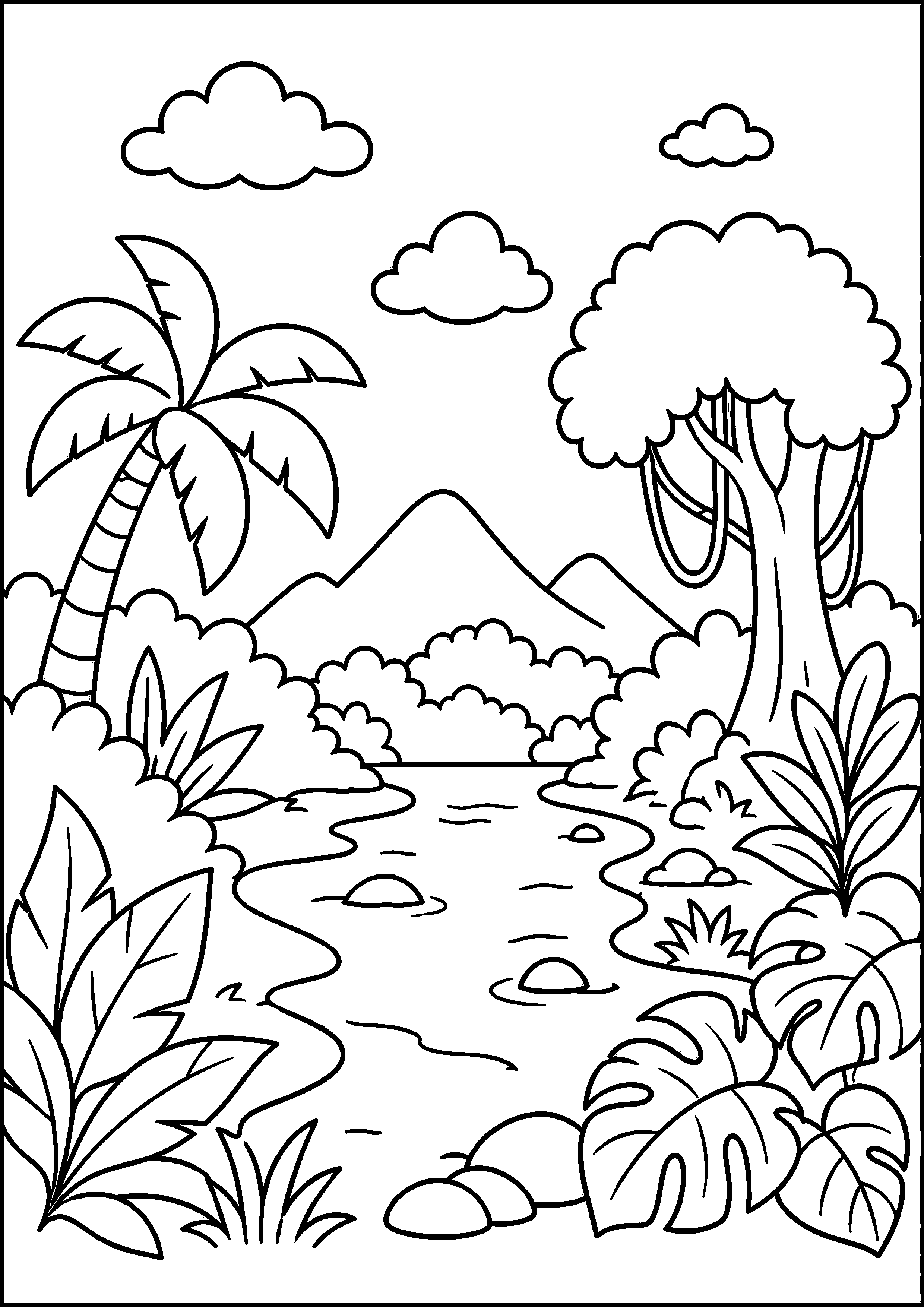 Coloriage rivière traversant la jungle avec palmiers à imprimer gratuitement