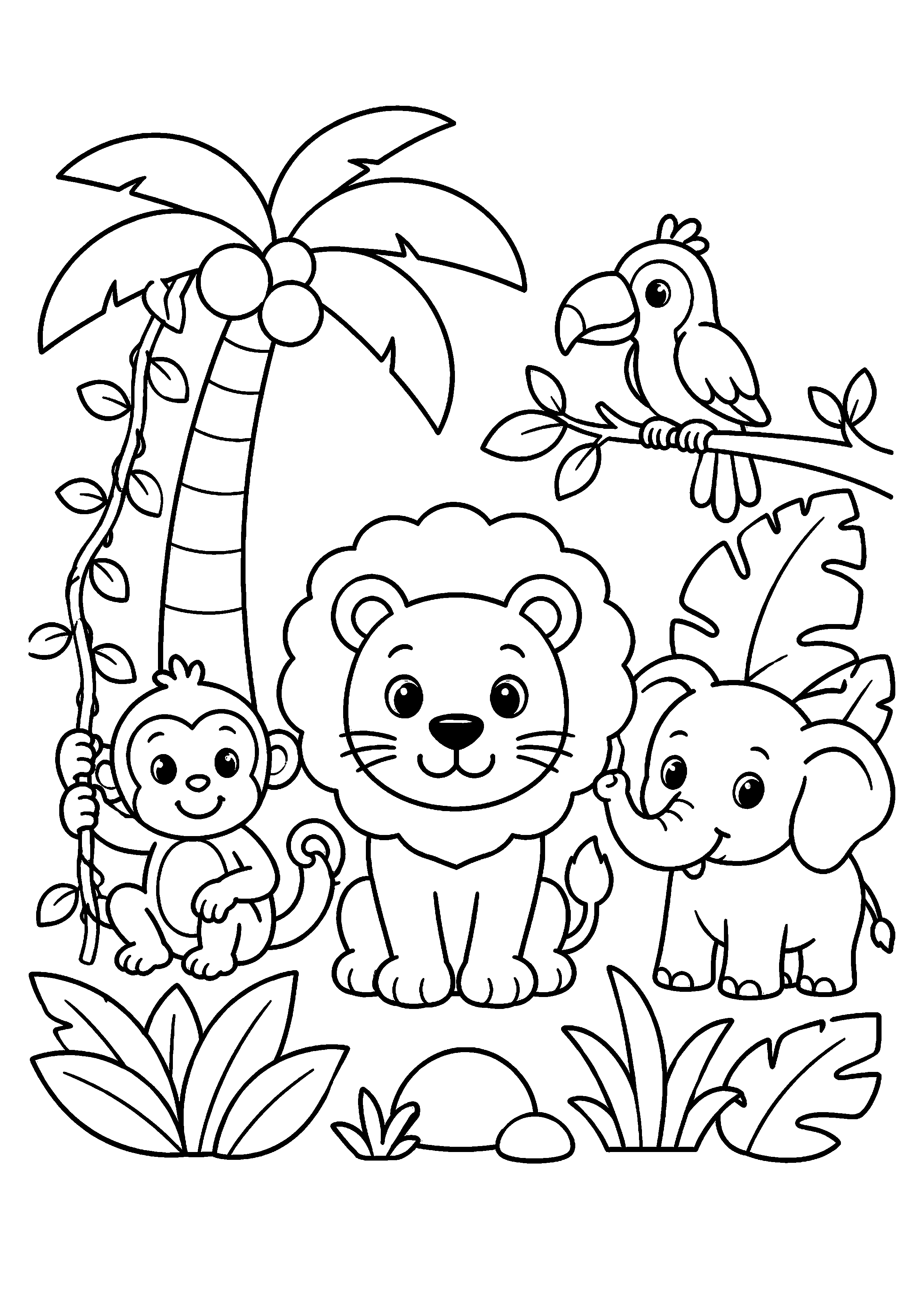 Coloriage singe, lion, éléphant et perroquet sous un palmier à imprimer gratuitement