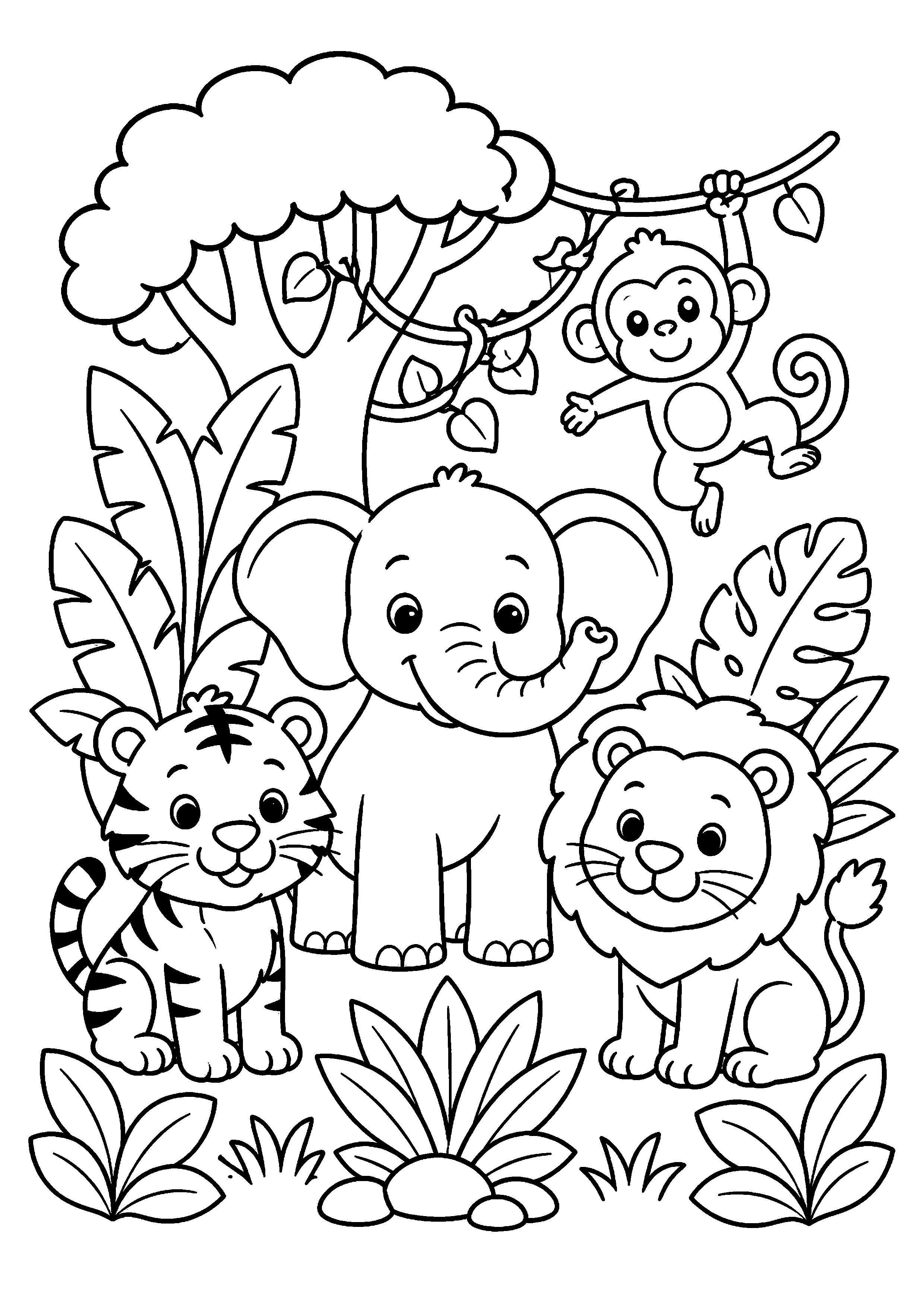 Coloriage tigre, éléphant, lion et singe dans la jungle à imprimer gratuitement