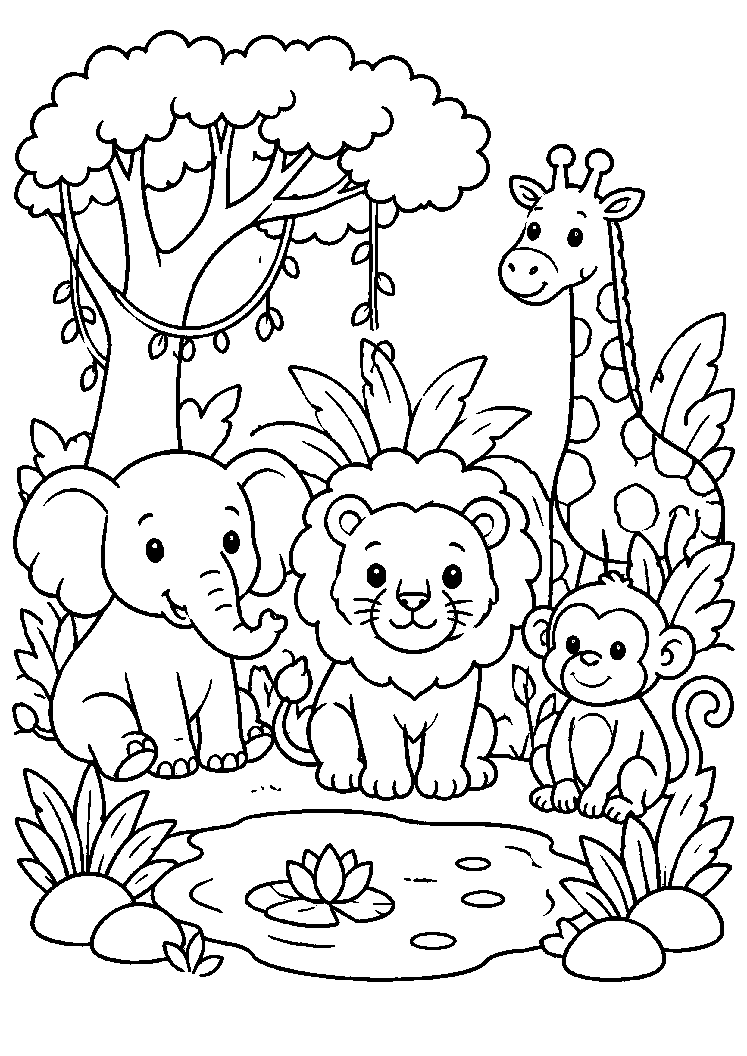 Coloriage éléphant, lion, girafe et singe près d’une mare à imprimer gratuitement